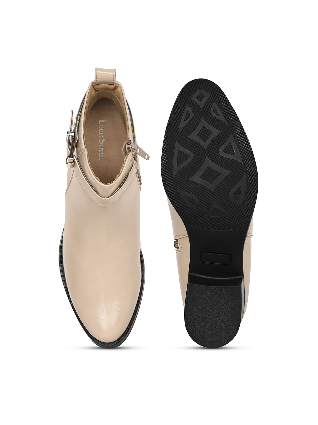 Women's Beige Elegant Mid-Top Neck Belt Buckle Slip-On Chelsea Boots