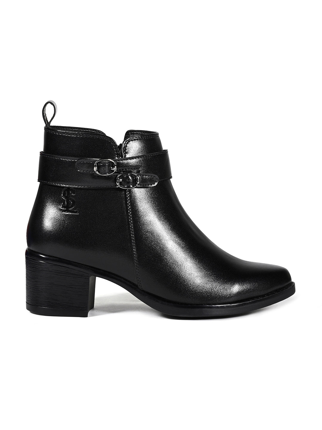 Women's Black Elegant Mid-Top Double Buckle Slip-On Chelsea Boots