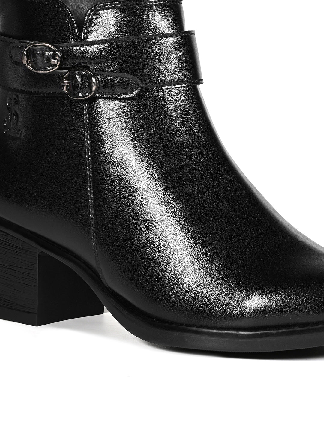 Women's Black Elegant Mid-Top Double Buckle Slip-On Chelsea Boots