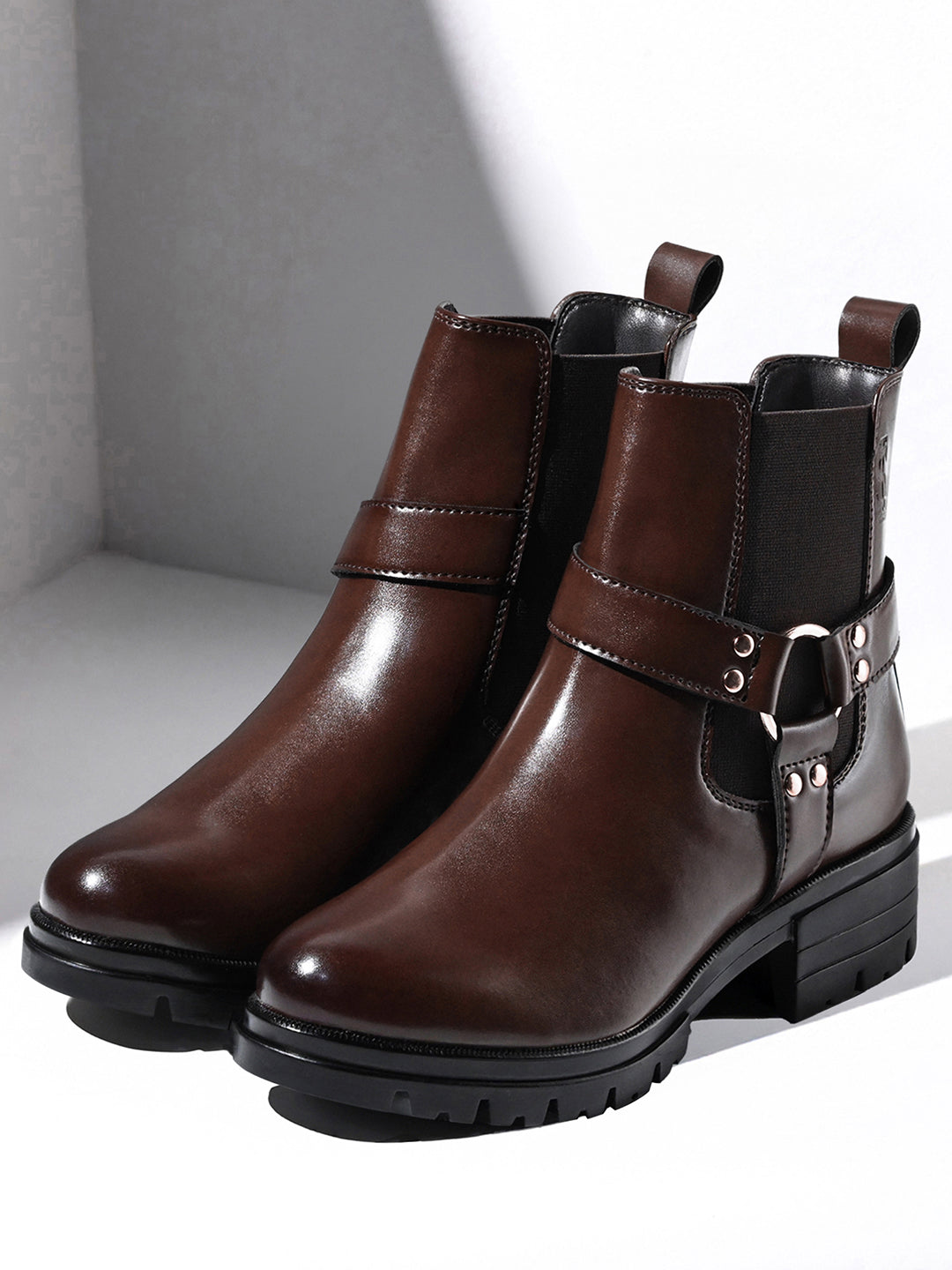 Brunette Brown High Ankle Round Buckle Slip-On Long Boots