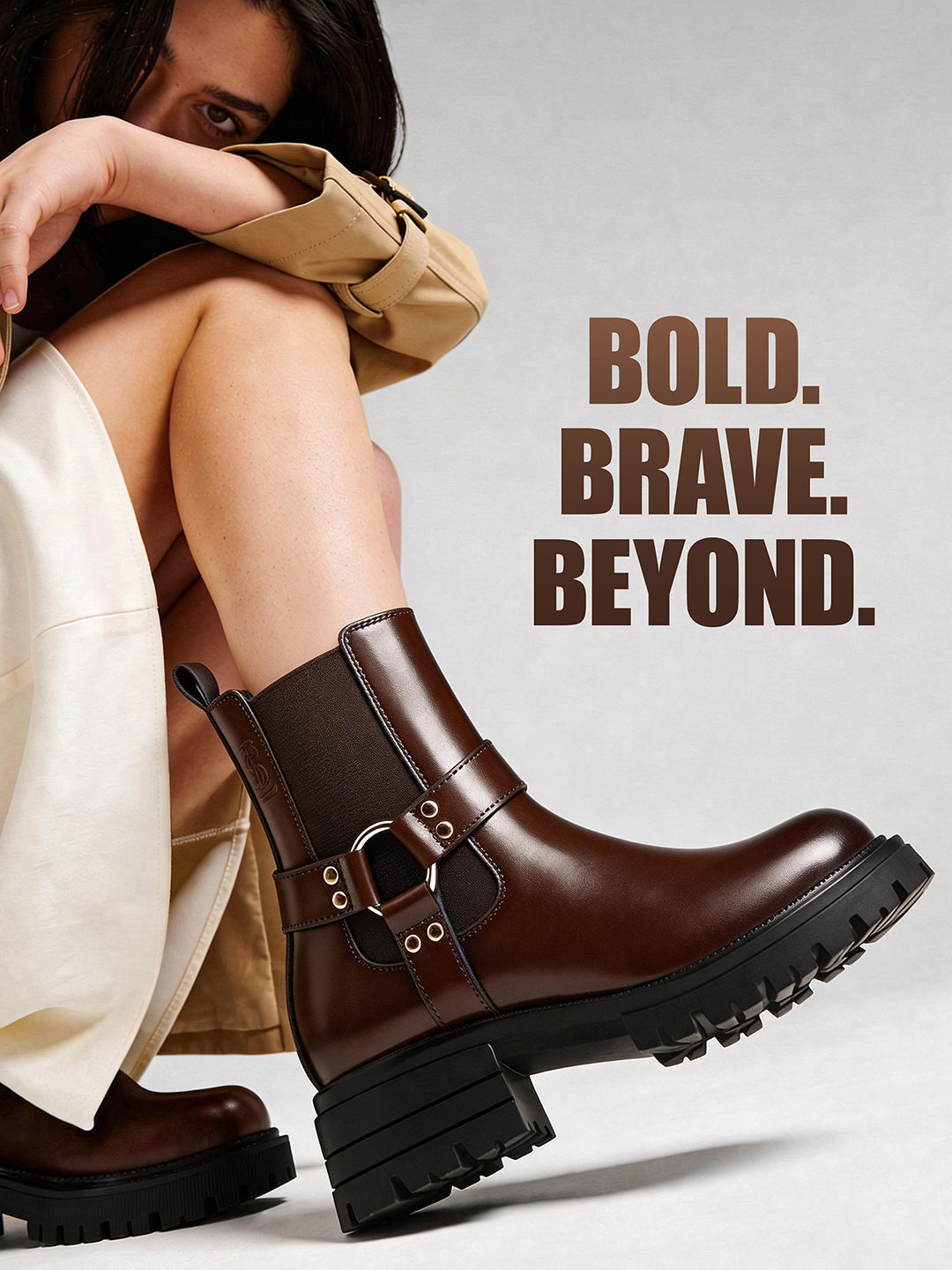 Espresso Brown High Ankle Round Buckle Slip-On Long Boots