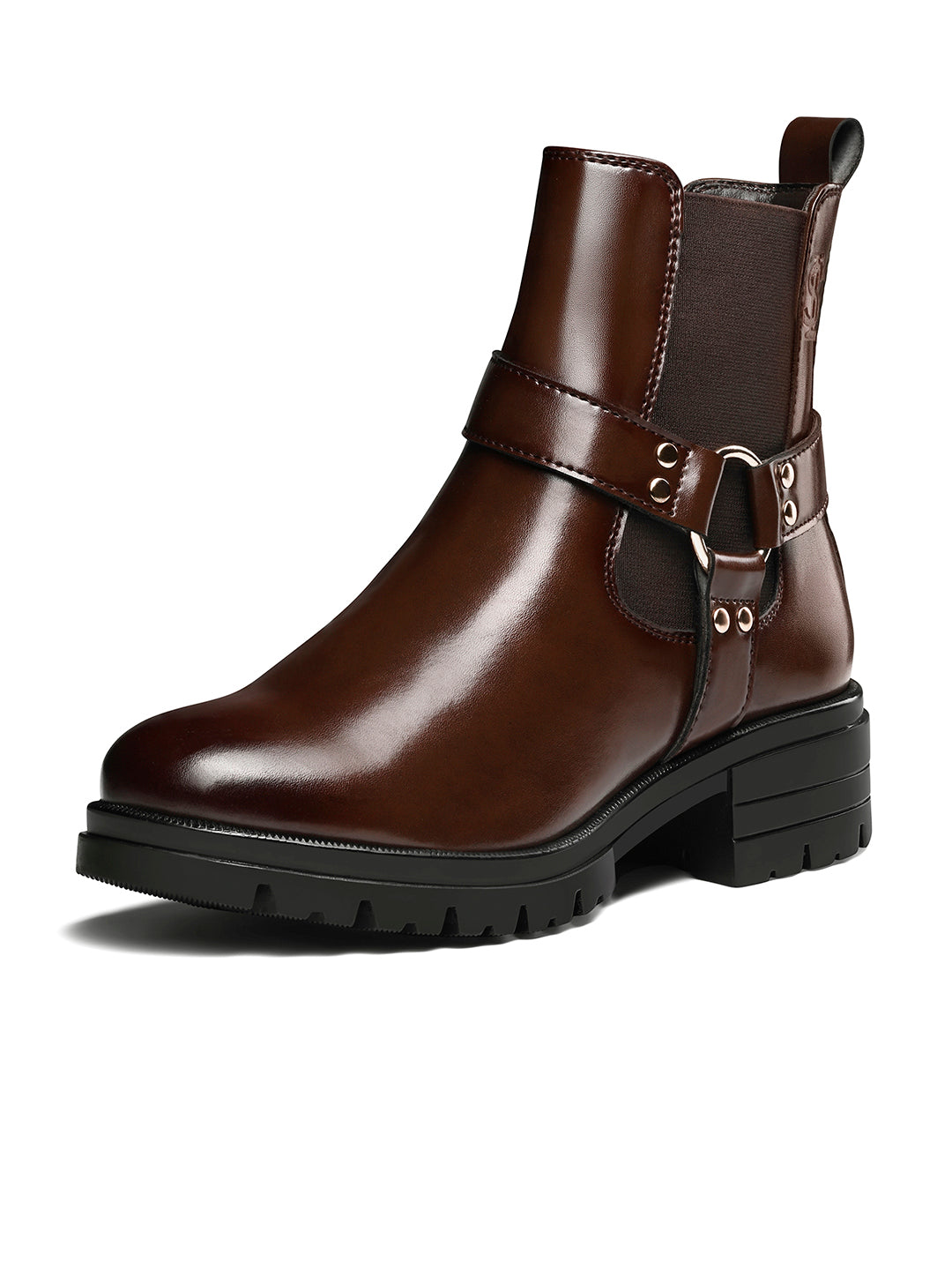 Espresso Brown High Ankle Round Buckle Slip-On Long Boots