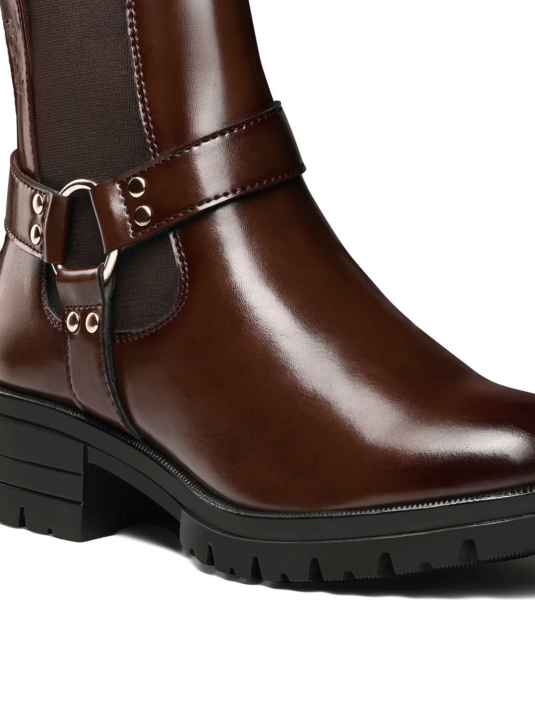 Espresso Brown High Ankle Round Buckle Slip-On Long Boots