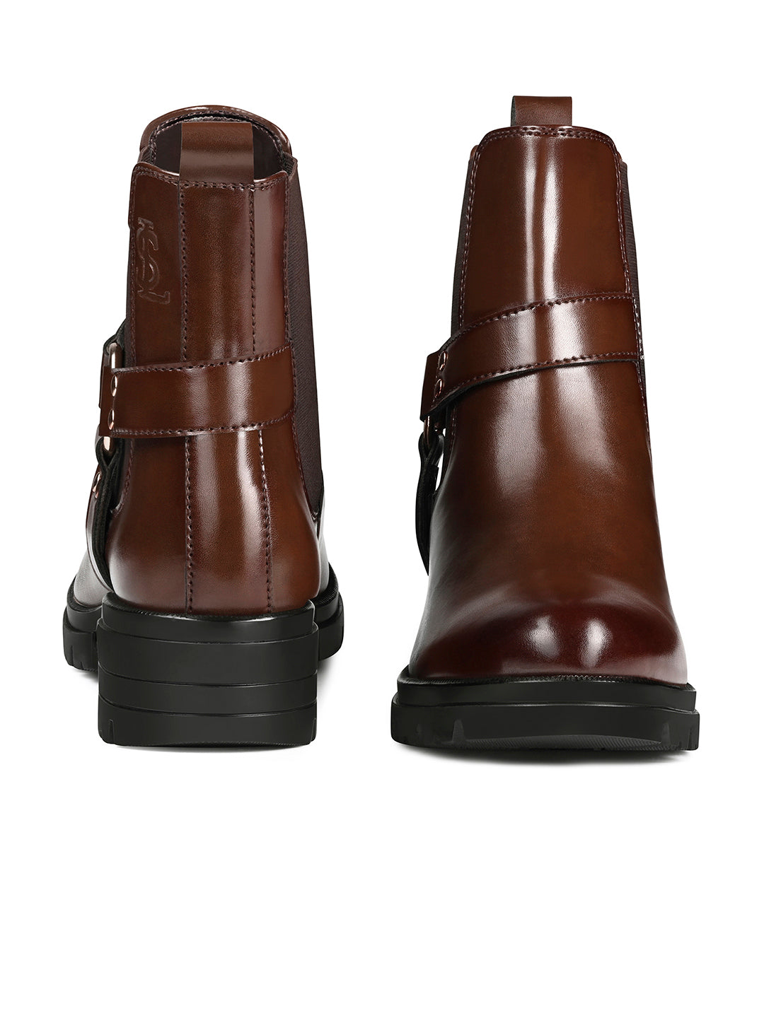 Espresso Brown High Ankle Round Buckle Slip-On Long Boots