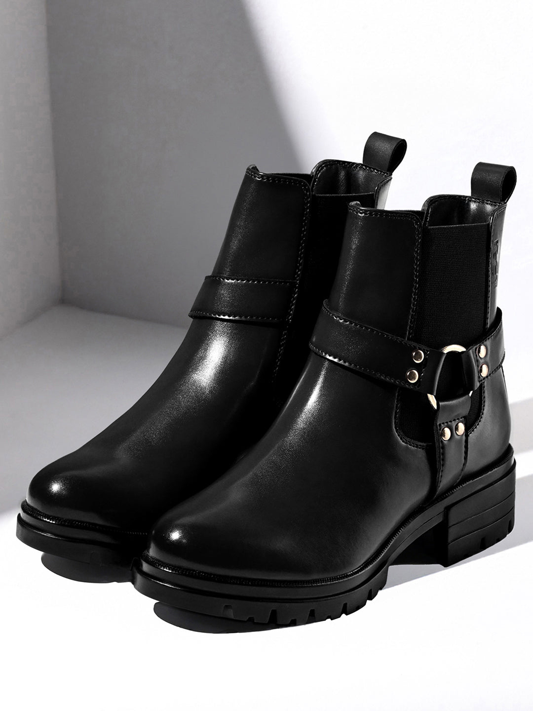 Jet Black High Ankle Round Buckle Slip-On Long Boots
