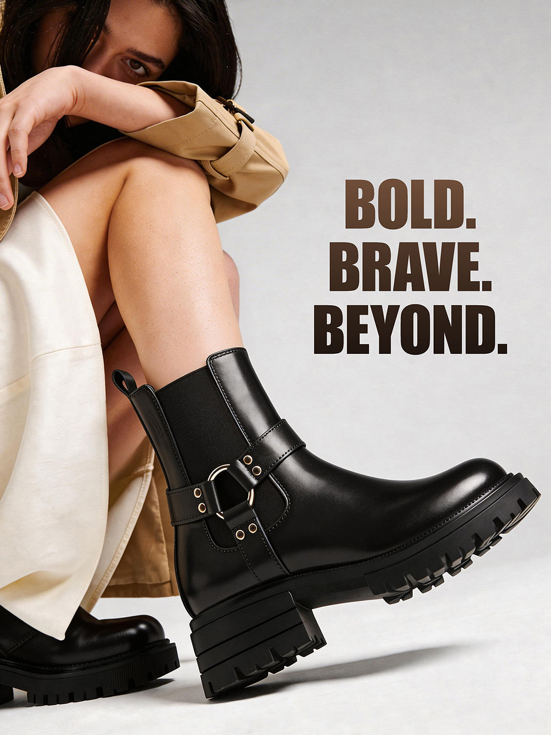 Signature Black High Ankle Round Buckle Slip-On Long Boots