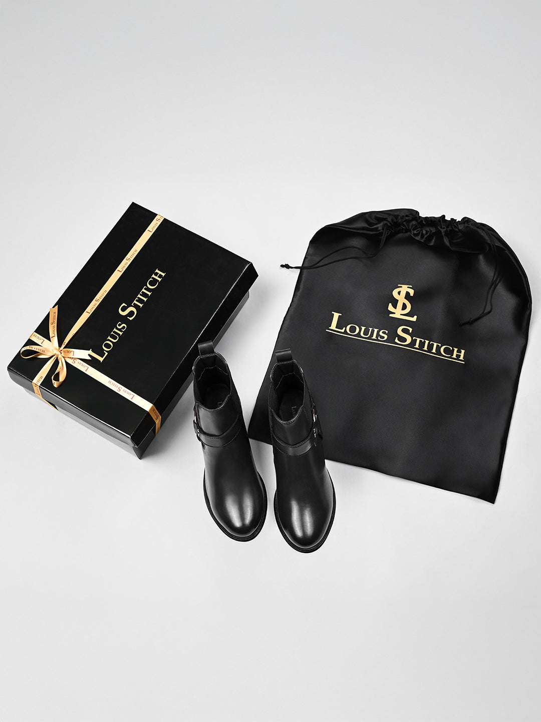 Signature Black High Ankle Round Buckle Slip-On Long Boots