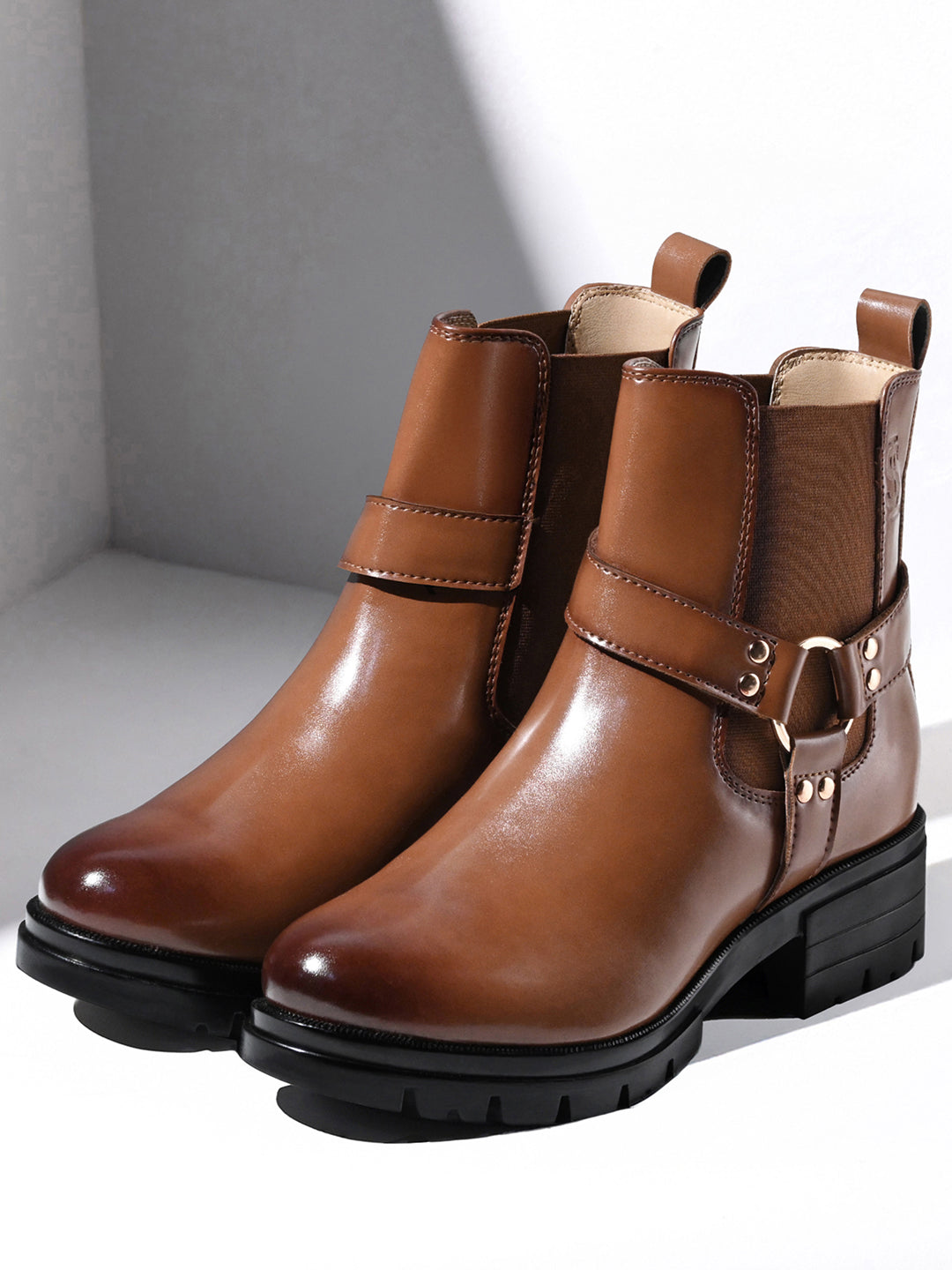 Russet Tan High Ankle Round Buckle Slip-On Long Boots