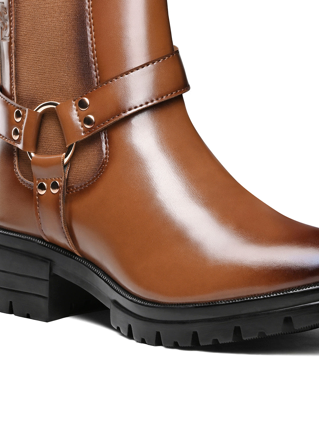 Maple Tan High Ankle Round Buckle Slip-On Long Boots