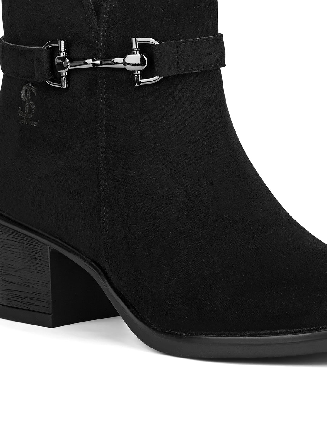 Women's Black Elegant Mid-Top Neck Belt Buckle Slip-On Chelsea Boots