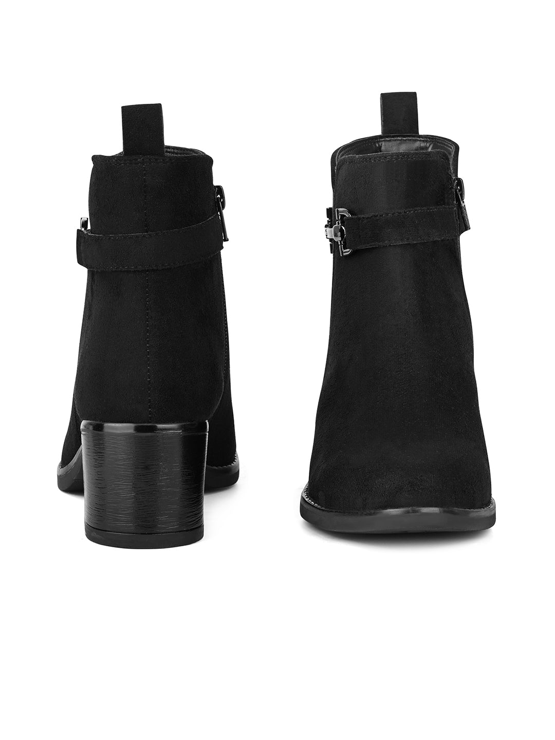 Women's Black Elegant Mid-Top Neck Belt Buckle Slip-On Chelsea Boots