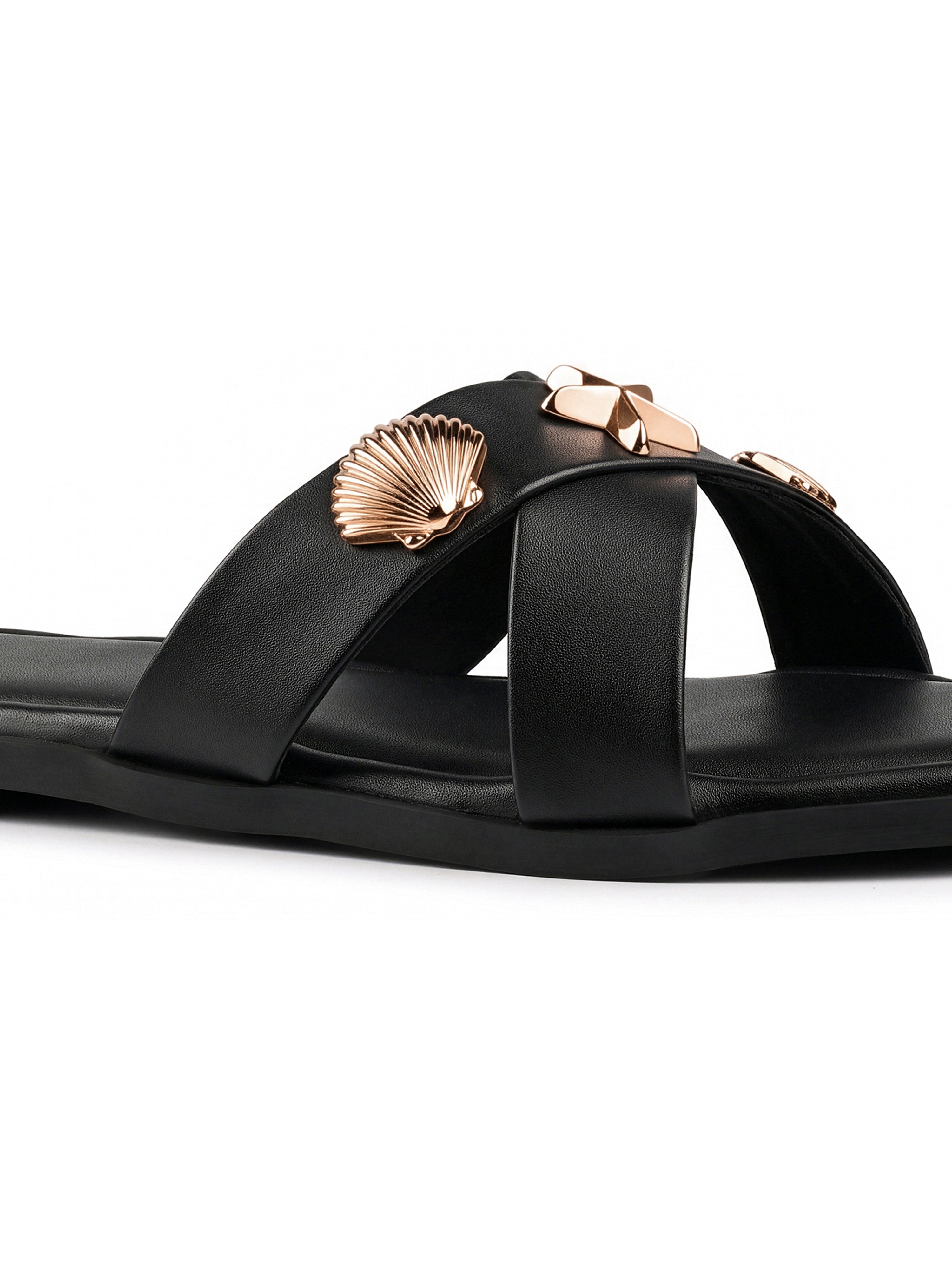 Women's Chic Black Cross-Strap Flat Sandals
