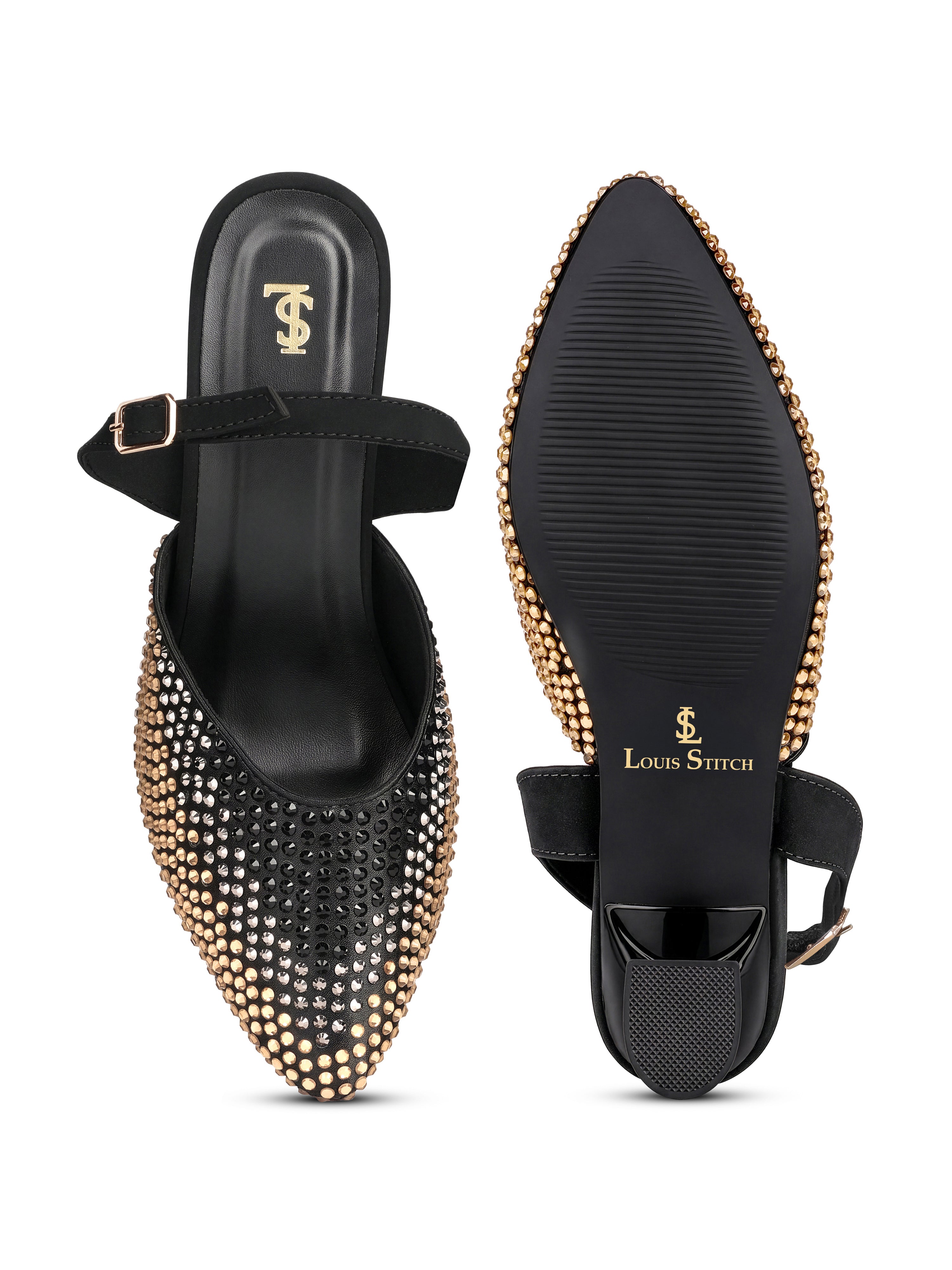 Women's Black Rhinestone Slingback Heel Sandals