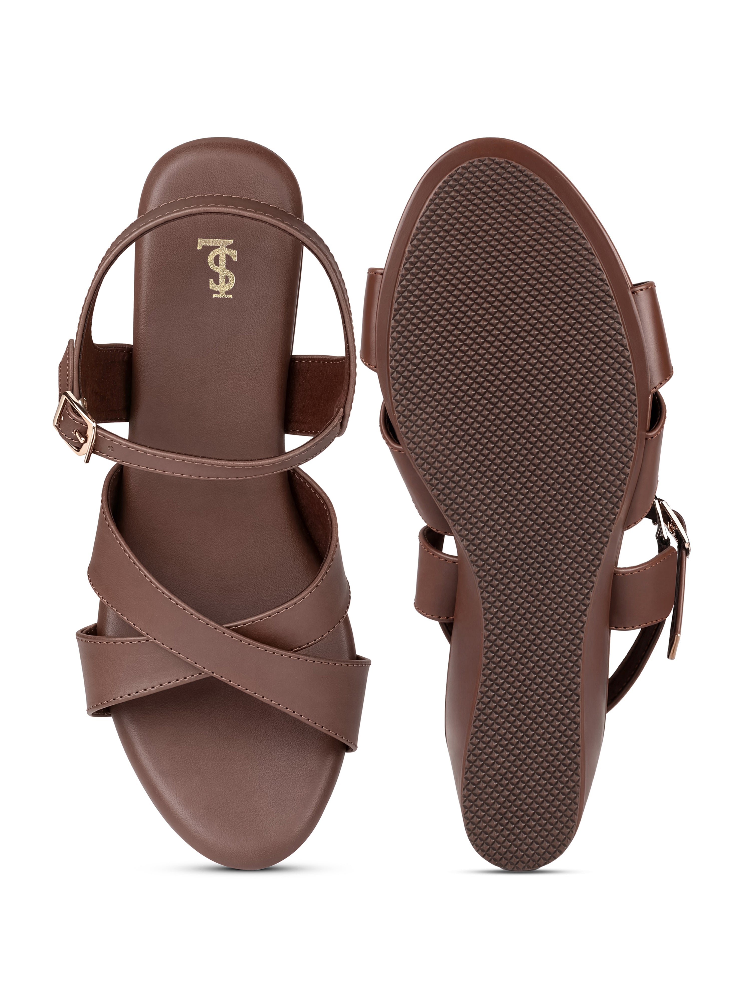 Women's Brown Cross-Strap Wedge Heel Sandals