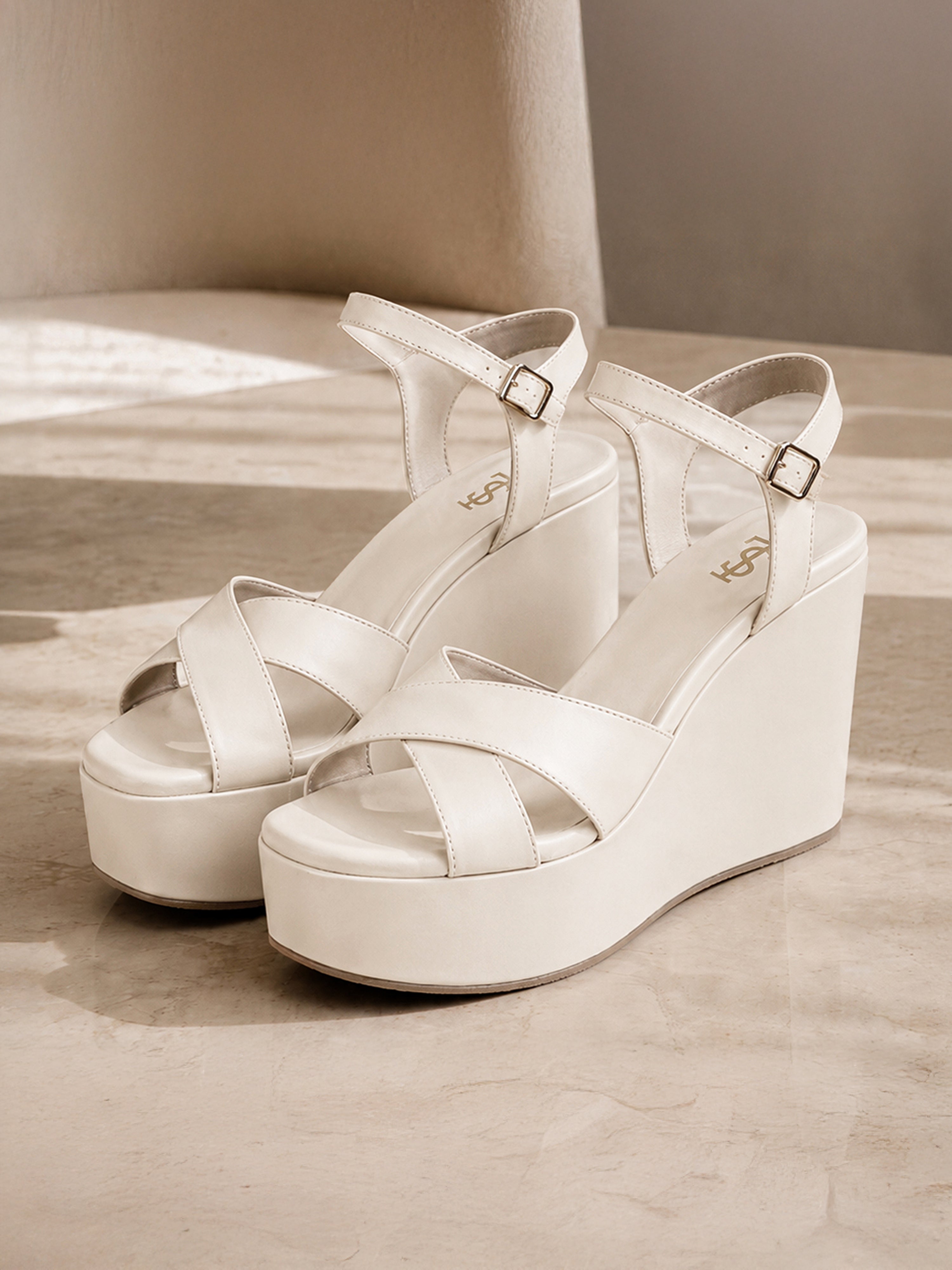 Women's White Cross-Strap Wedge Heel Sandals