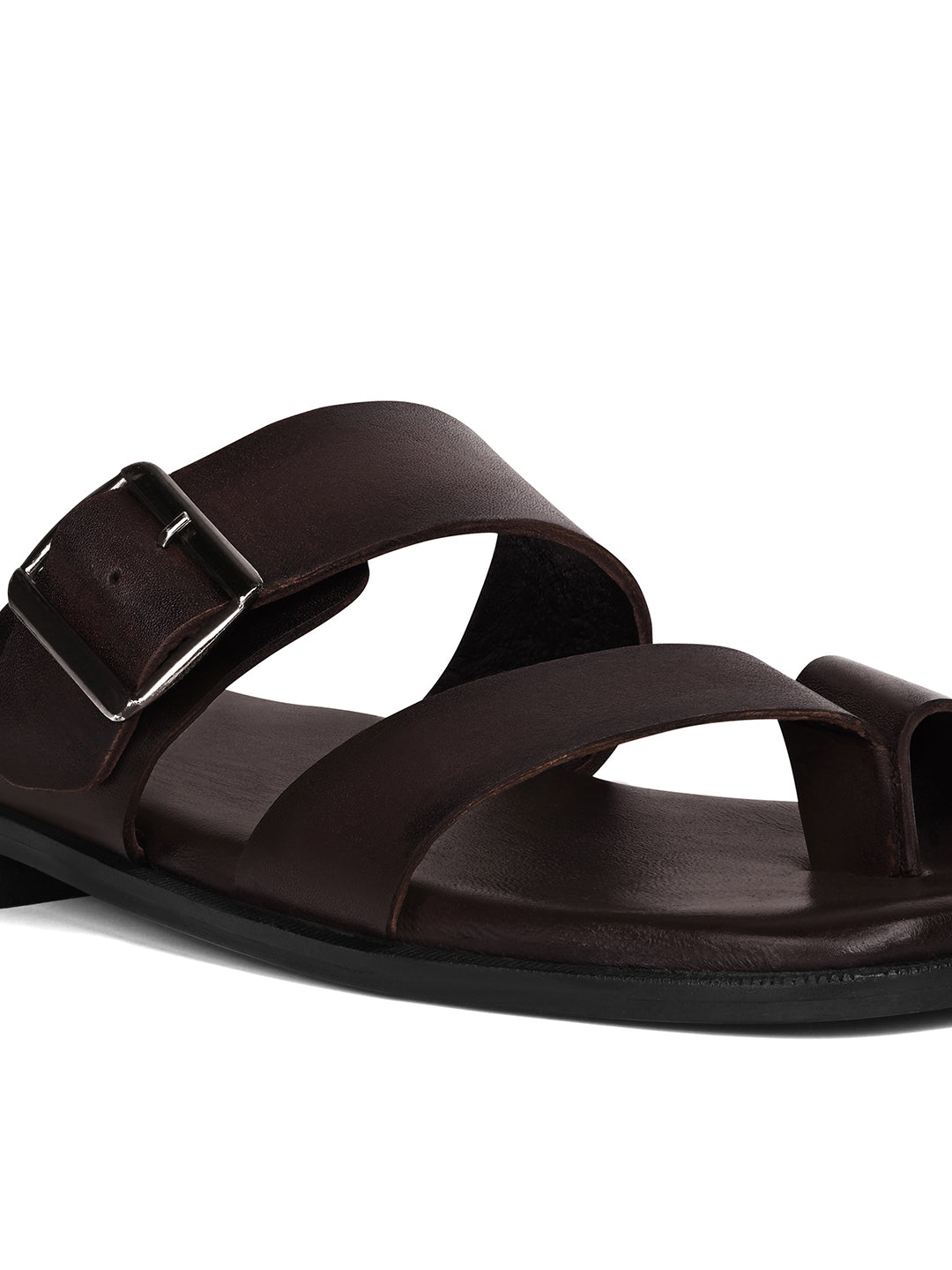 Brunette Brown Open Toe Lightweight T-Strap Leather Sandal with Adjustable Buckle Strap