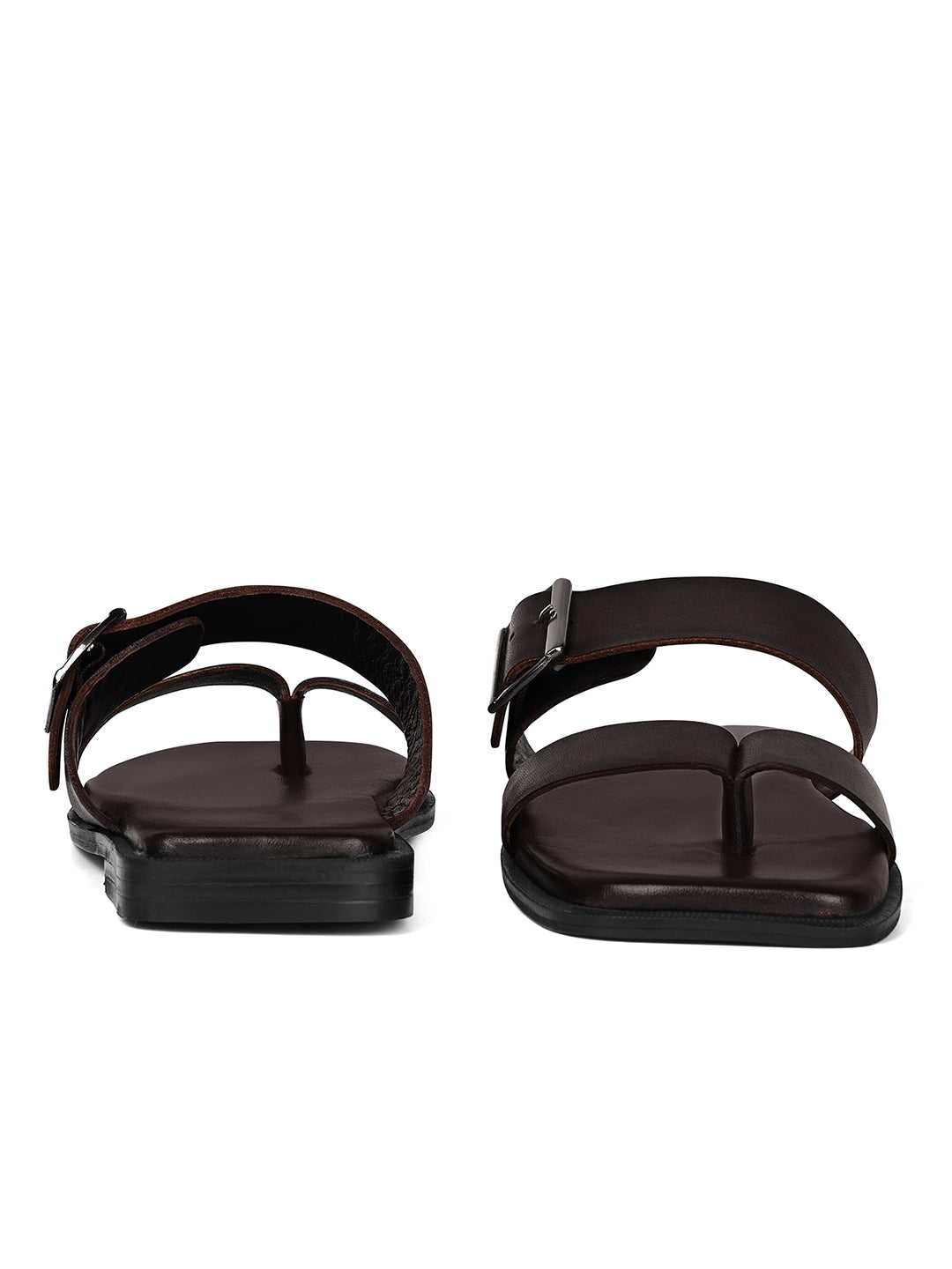 Brunette Brown Open Toe Lightweight T-Strap Leather Sandal with Adjustable Buckle Strap