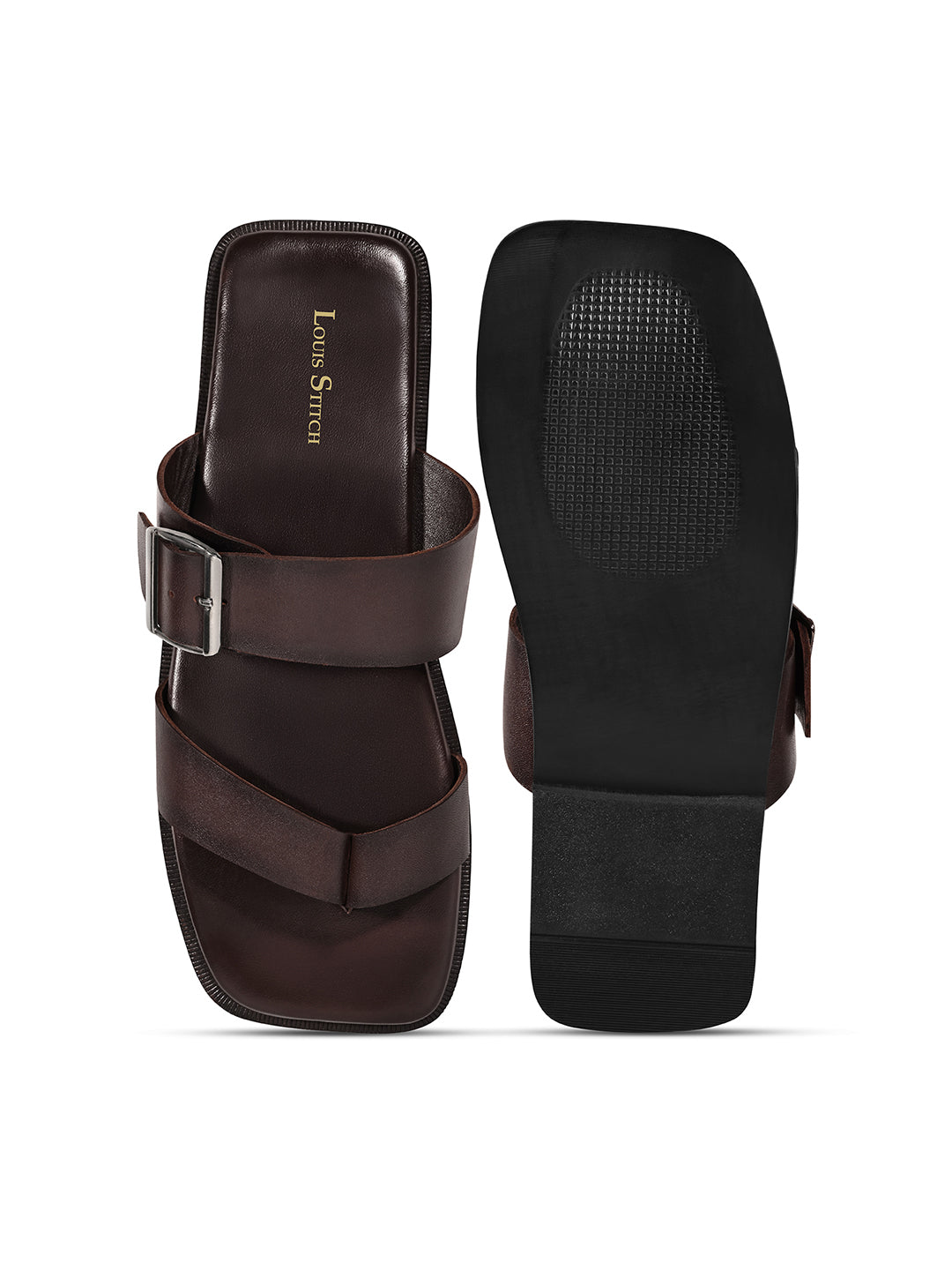 Brunette Brown Open Toe Lightweight T-Strap Leather Sandal with Adjustable Buckle Strap