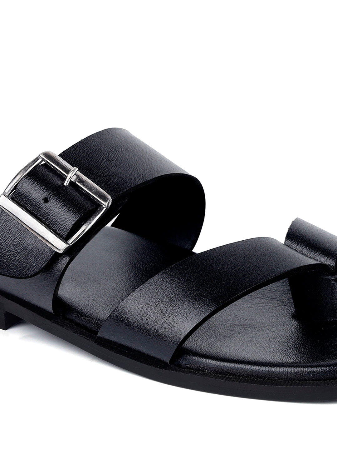 Jet Black Open Toe Lightweight T-Strap Leather Sandal with Adjustable Buckle Strap