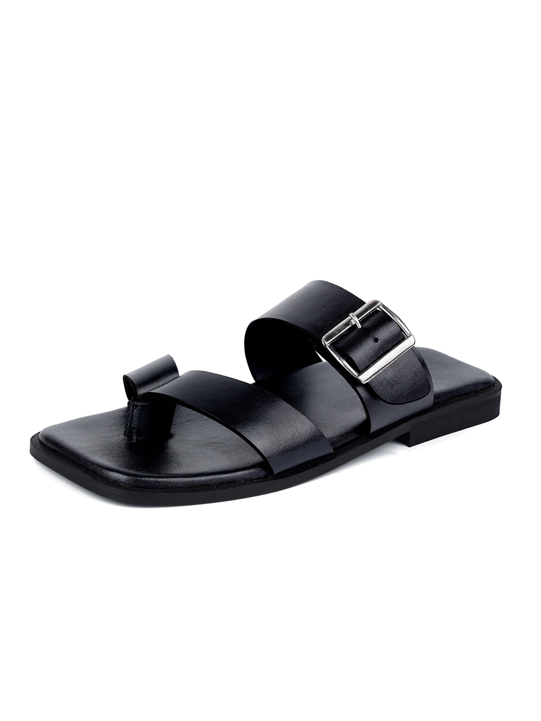 Jet Black Open Toe Lightweight T-Strap Leather Sandal with Adjustable Buckle Strap