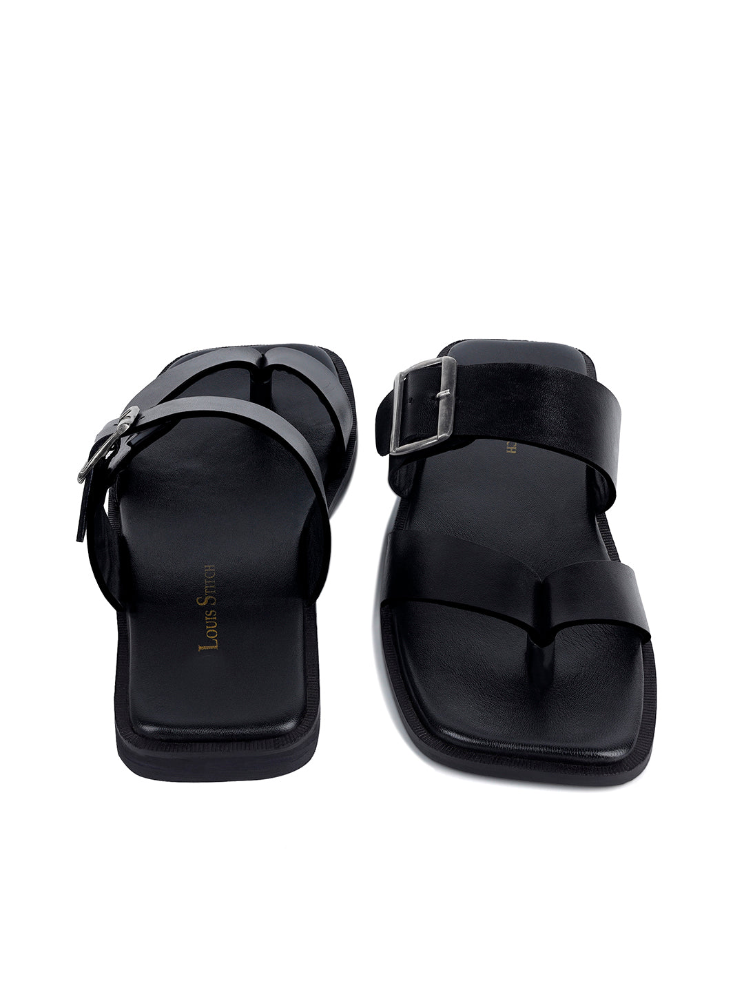Jet Black Open Toe Lightweight T-Strap Leather Sandal with Adjustable Buckle Strap
