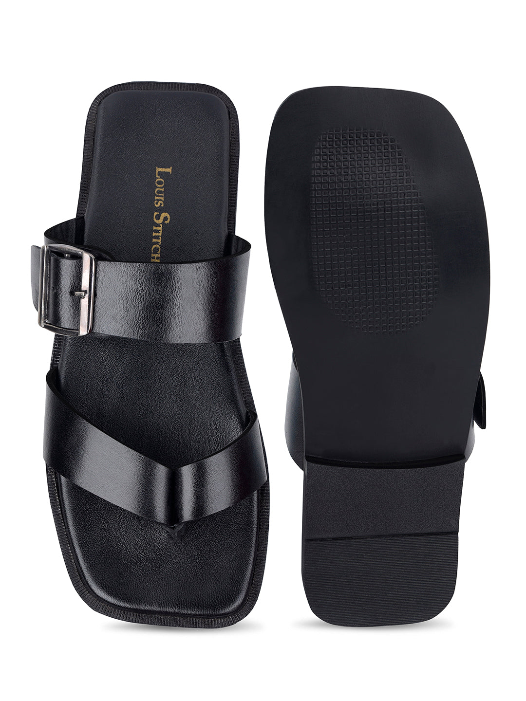 Jet Black Open Toe Lightweight T-Strap Leather Sandal with Adjustable Buckle Strap