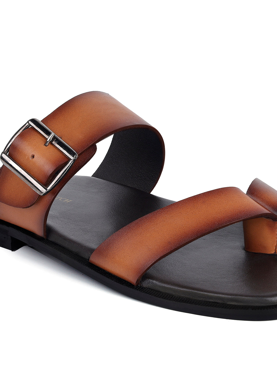 Tan Open Toe Lightweight T-Strap Leather Sandal with Adjustable Buckle Strap
