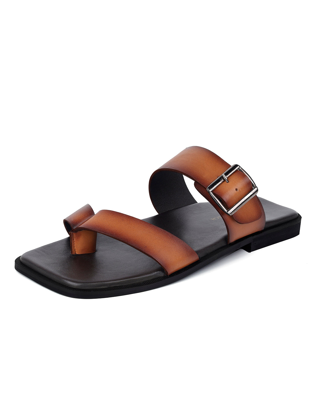 Tan Open Toe Lightweight T-Strap Leather Sandal with Adjustable Buckle Strap