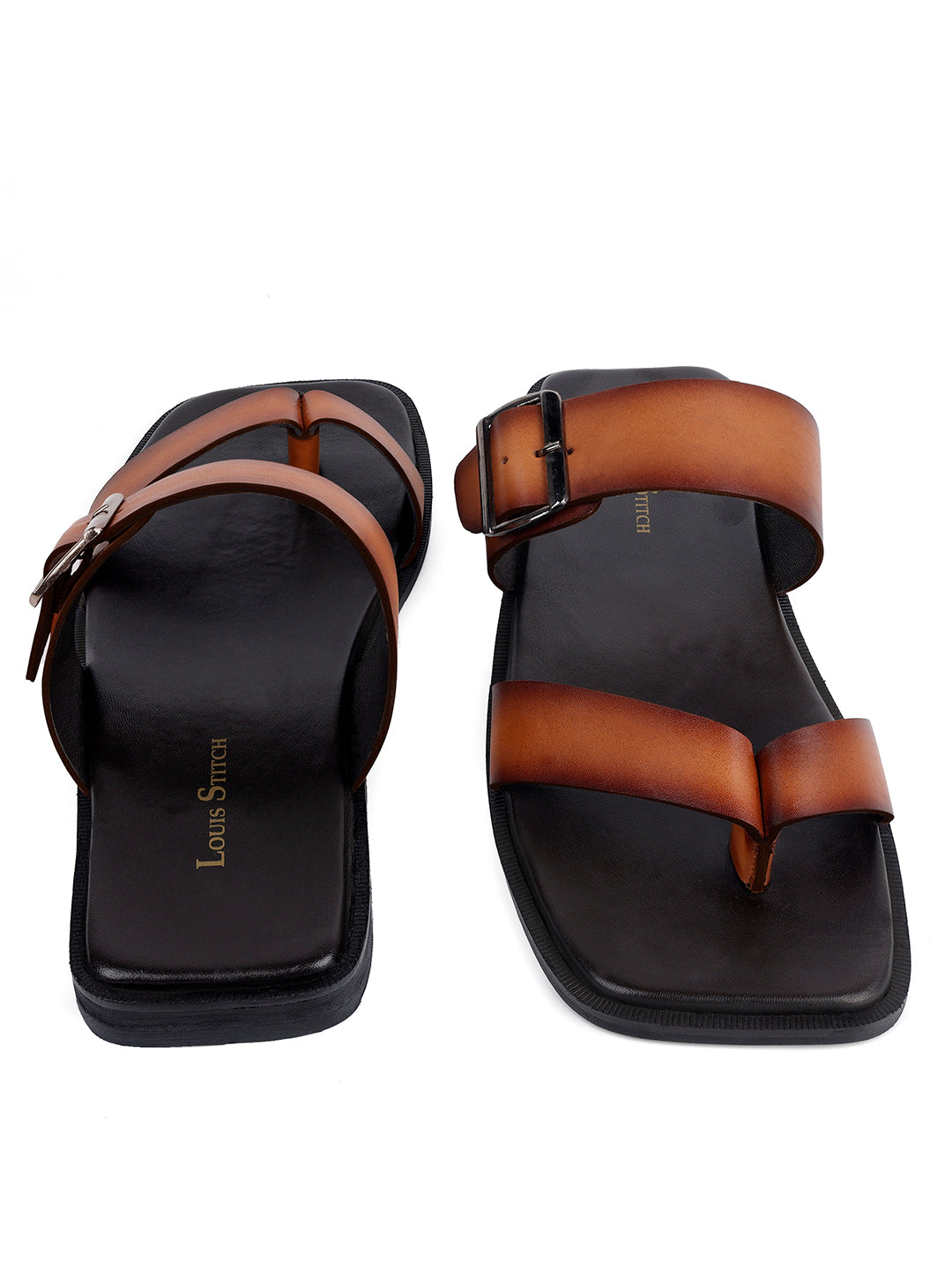 Tan Open Toe Lightweight T-Strap Leather Sandal with Adjustable Buckle Strap