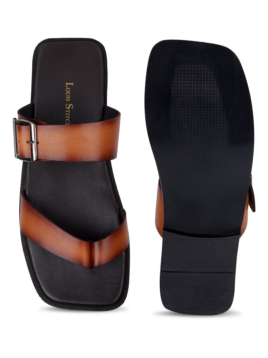 Tan Open Toe Lightweight T-Strap Leather Sandal with Adjustable Buckle Strap