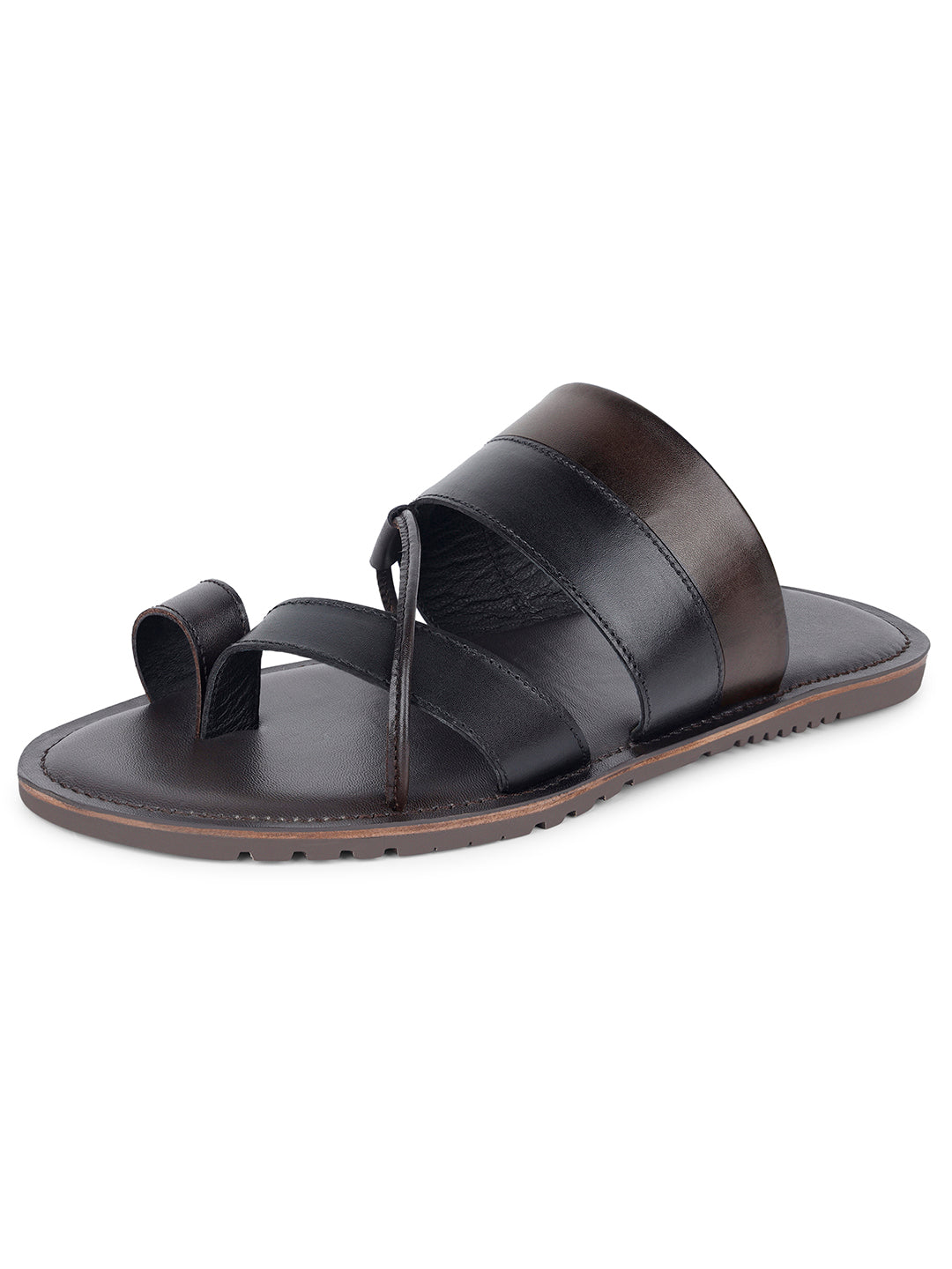 Brown and Black Open Toe Style Lightweight Toe Ring Leather Sandal