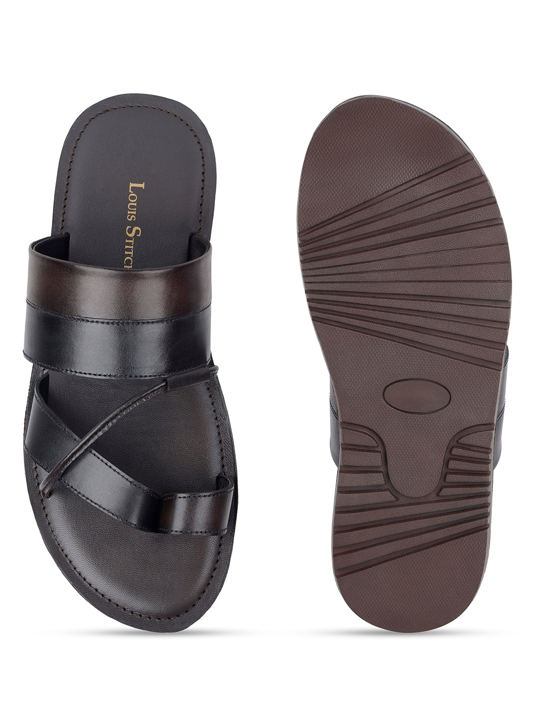 Brown and Black Open Toe Style Lightweight Toe Ring Leather Sandal