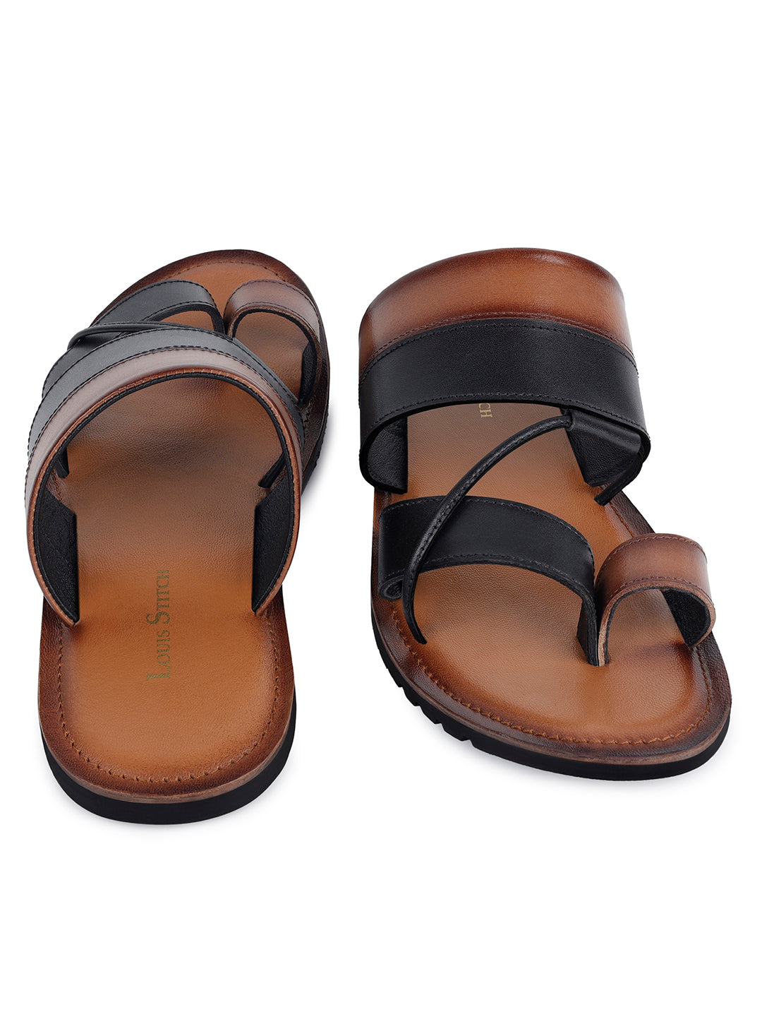 Tan and Black Open Toe Style Lightweight Toe Ring Leather Sandal
