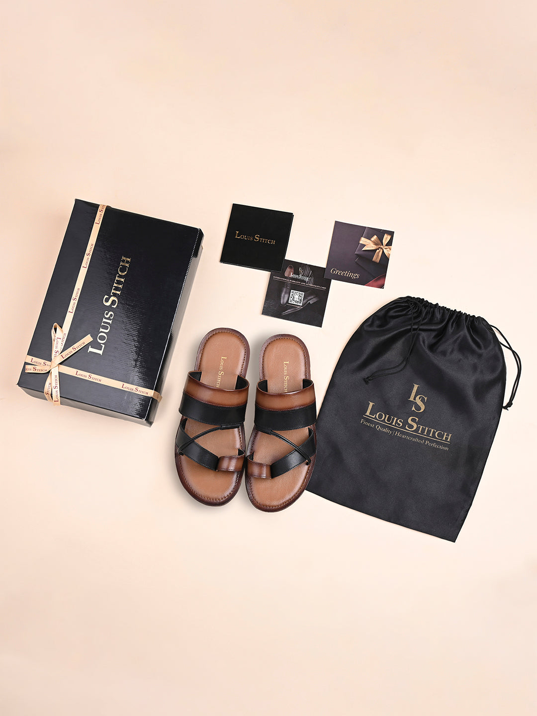 Tan and Black Open Toe Style Lightweight Toe Ring Leather Sandal