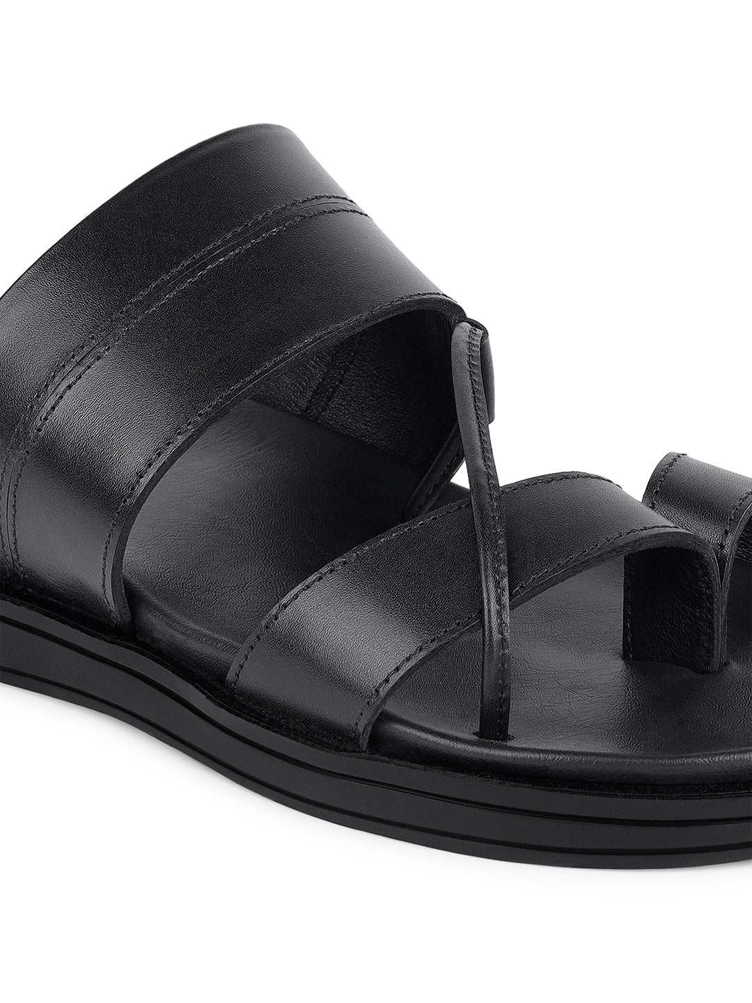 Jet Black Open Toe Style Lightweight Toe Ring Leather Sandal