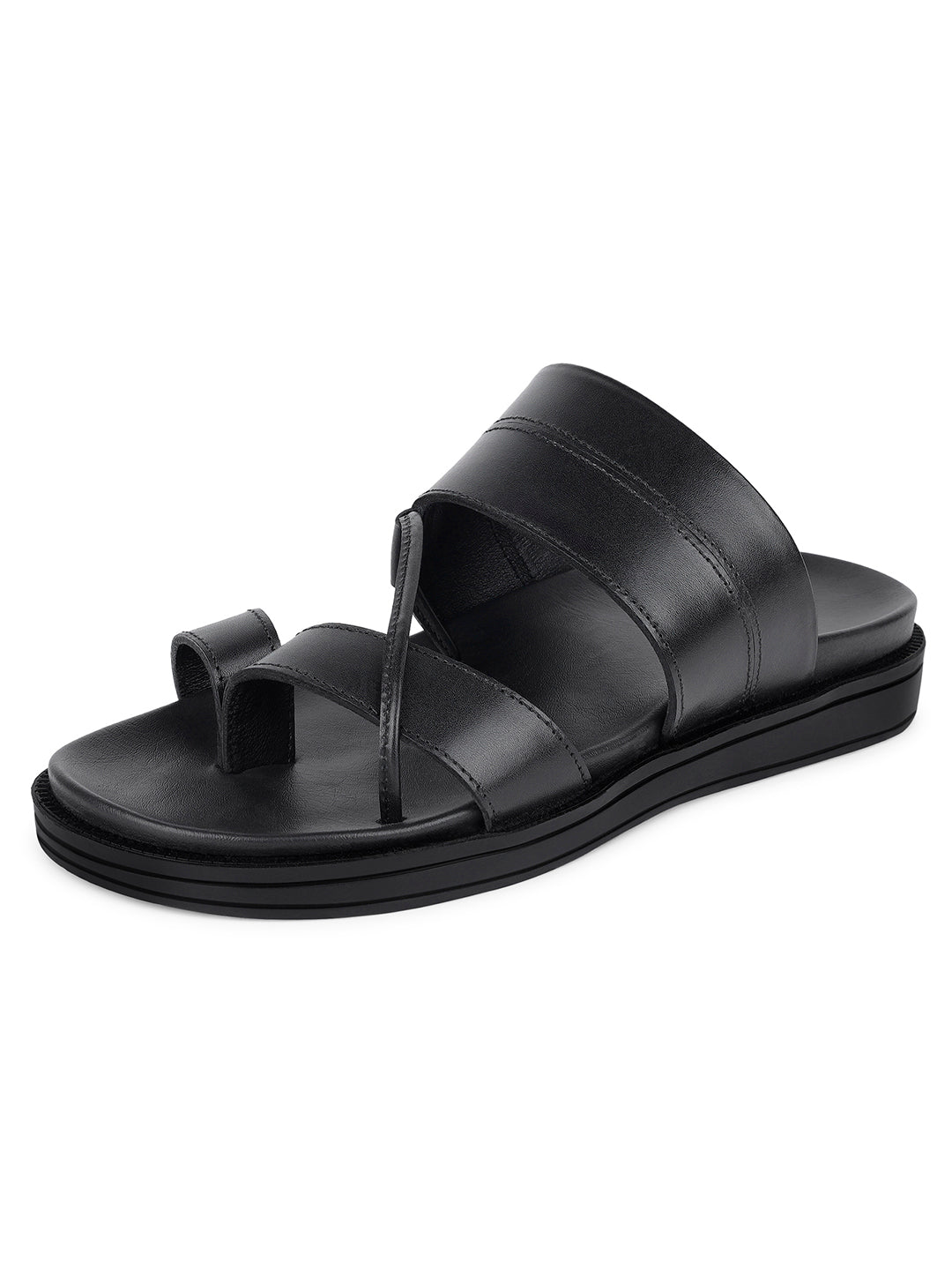 Jet Black Open Toe Style Lightweight Toe Ring Leather Sandal