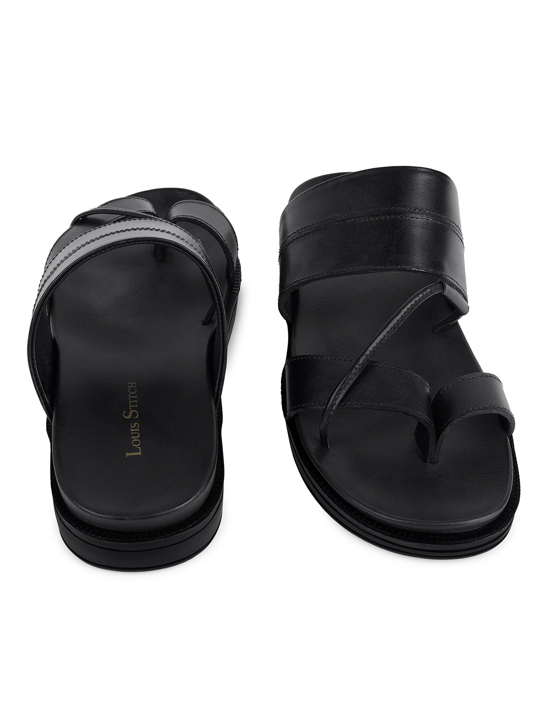 Jet Black Open Toe Style Lightweight Toe Ring Leather Sandal