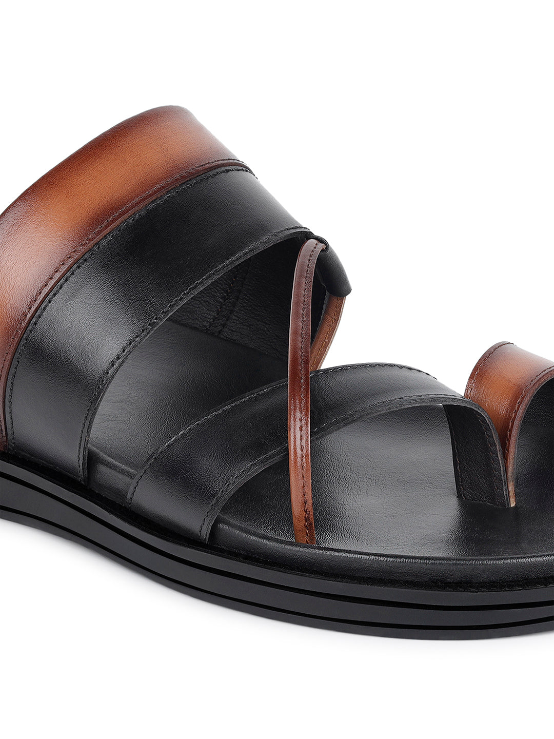 Black and Tan Open Toe Style Lightweight Toe Ring Leather Sandal