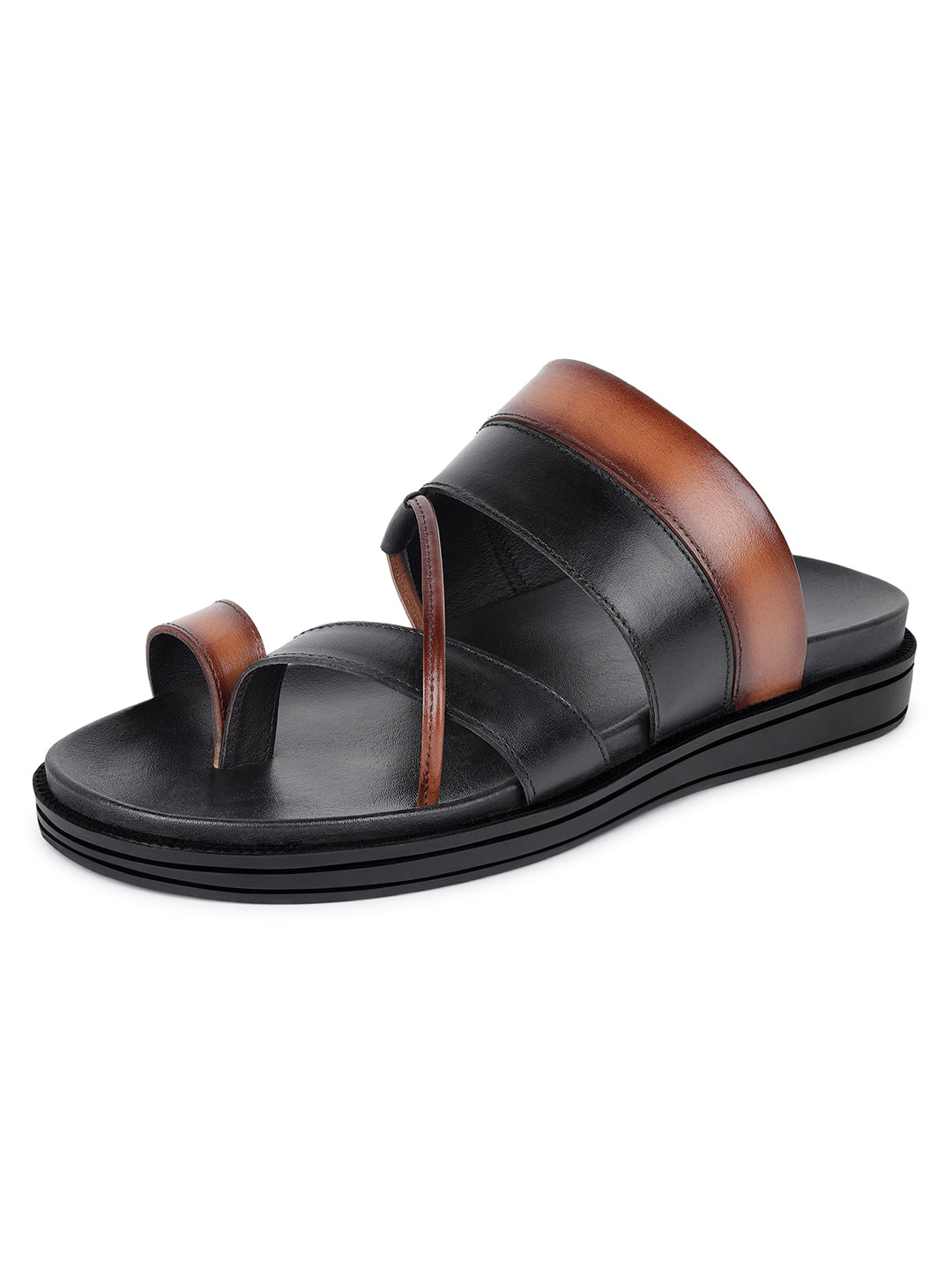 Black and Tan Open Toe Style Lightweight Toe Ring Leather Sandal