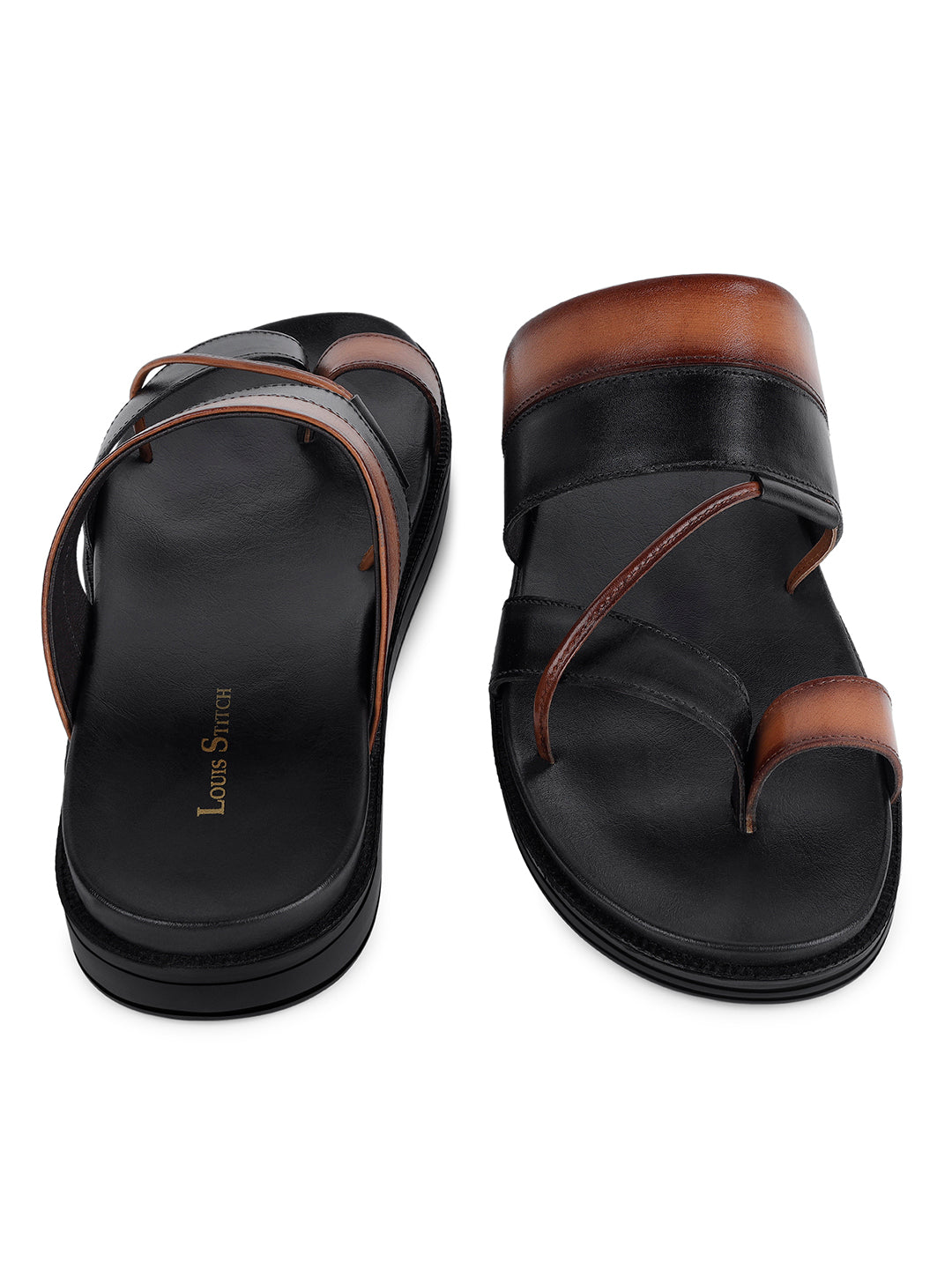 Black and Tan Open Toe Style Lightweight Toe Ring Leather Sandal
