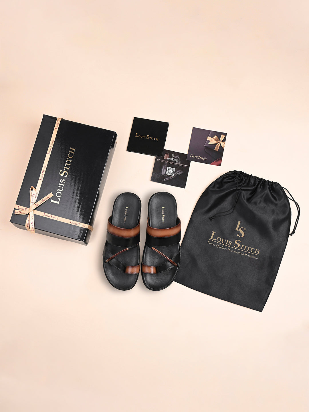 Black and Tan Open Toe Style Lightweight Toe Ring Leather Sandal