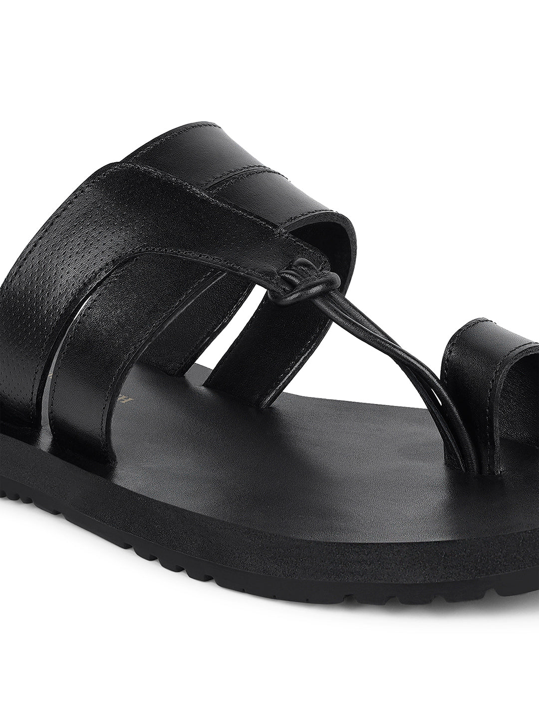 Jet Black Open Toe Style Lightweight Toe Ring with Strap Leather Sandal