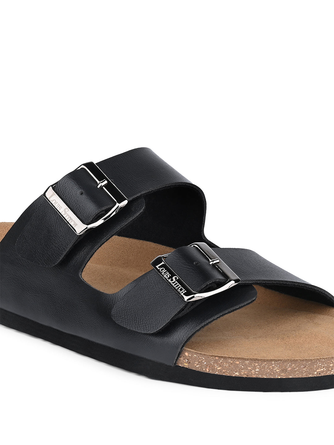 Jet Black Lightweight Open Toe Double Strap Slip-on Cork Sandal
