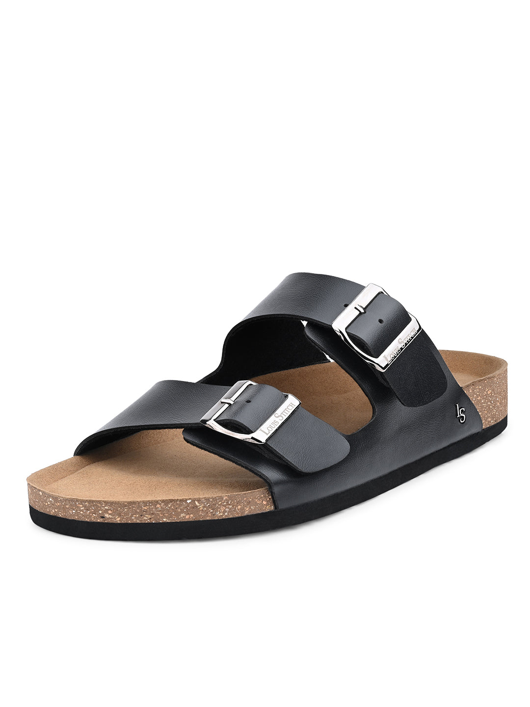 Jet Black Lightweight Open Toe Double Strap Slip-on Cork Sandal