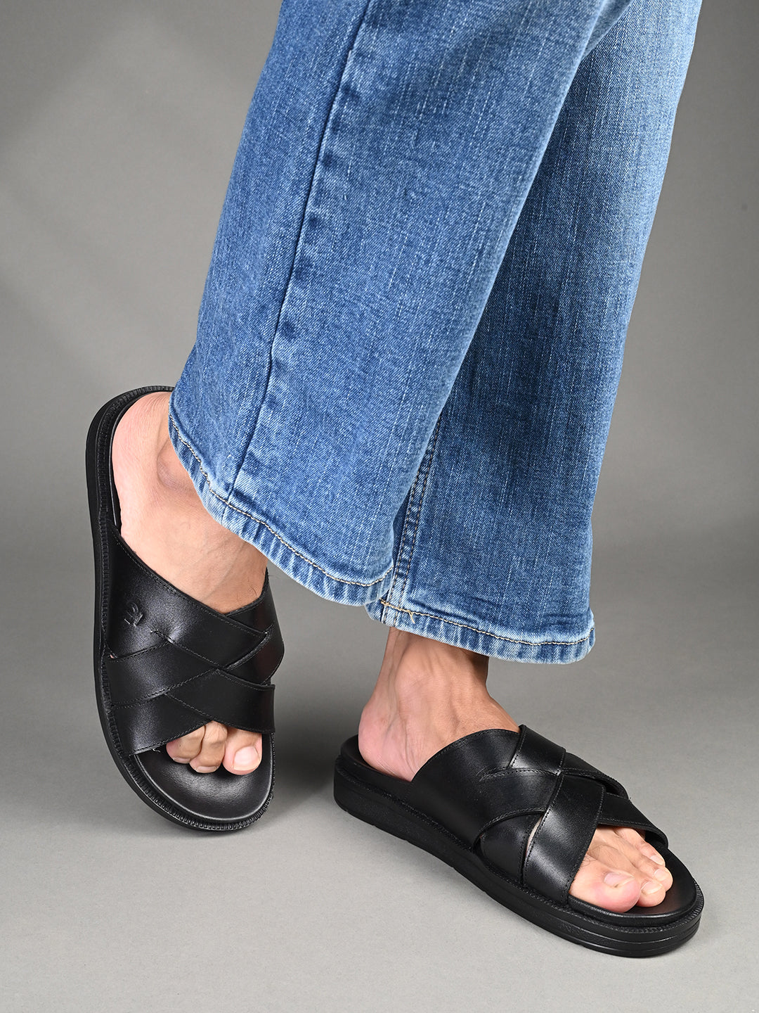 Black Kolhapuri Style Lightweight Cross Strap Leather Sandal