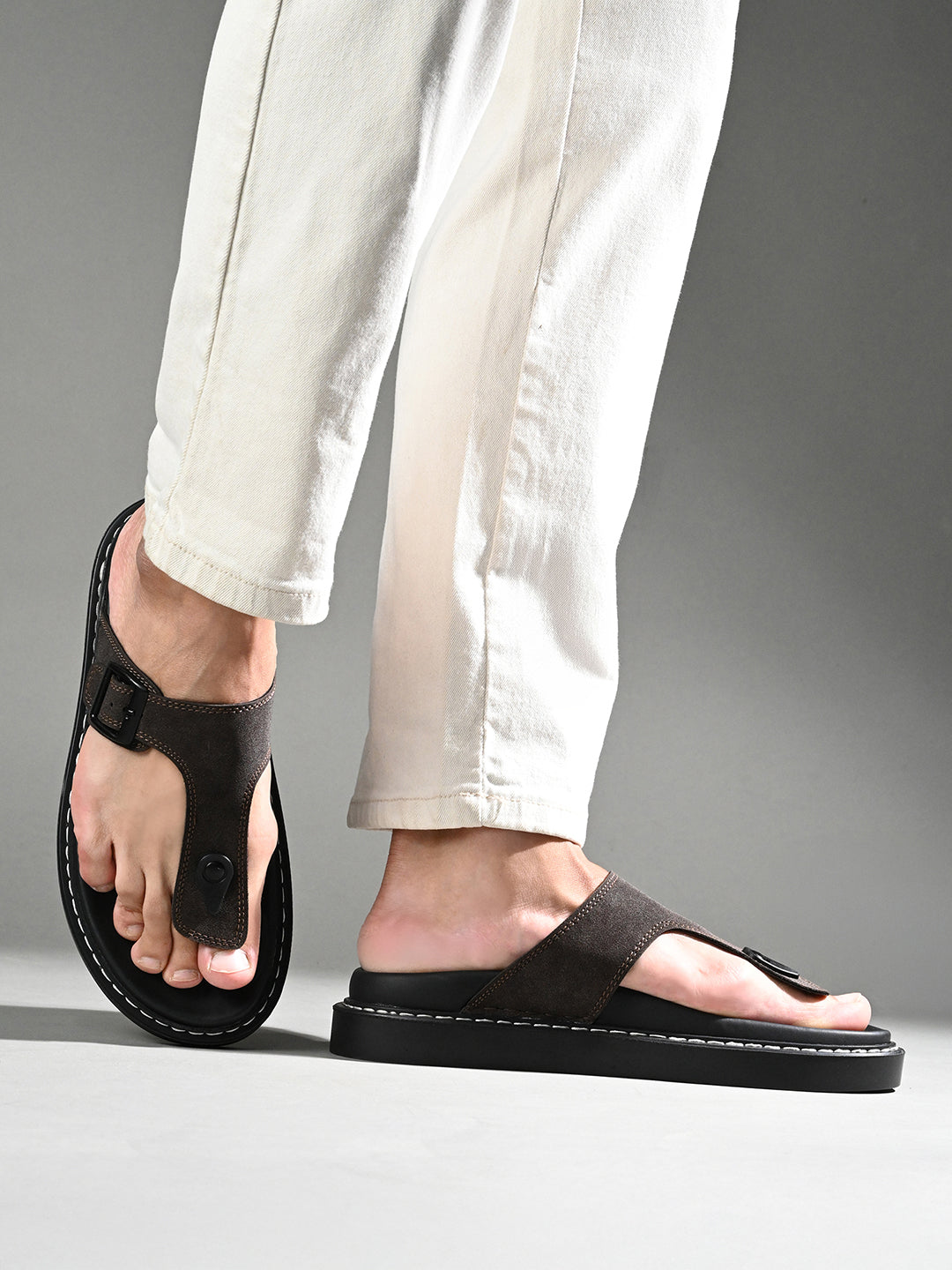 Brown Casual T-Strap Slip On Sandal with PU Cushion Sole