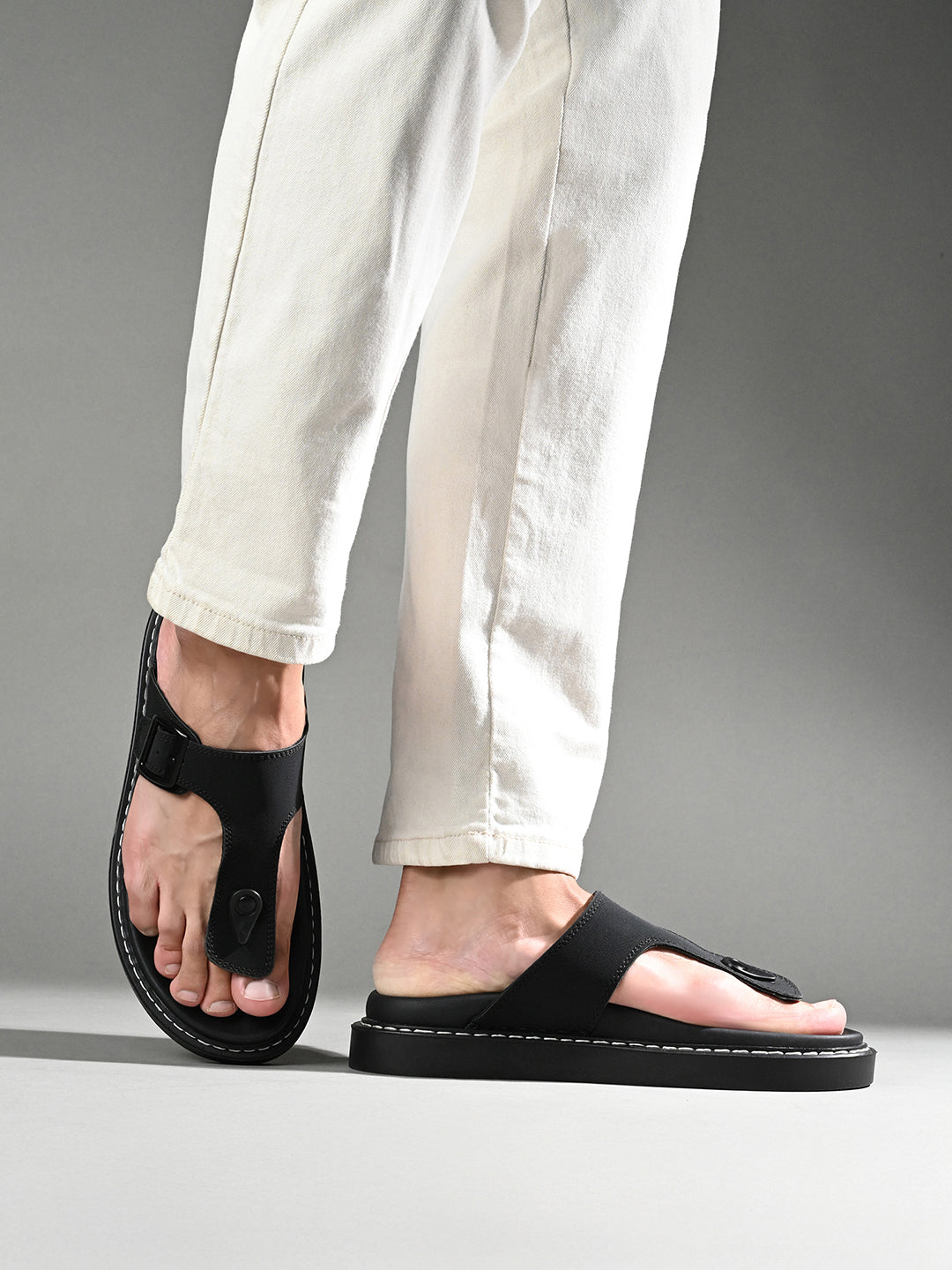 Black Casual T-Strap Slip On Sandal with PU Cushion Sole