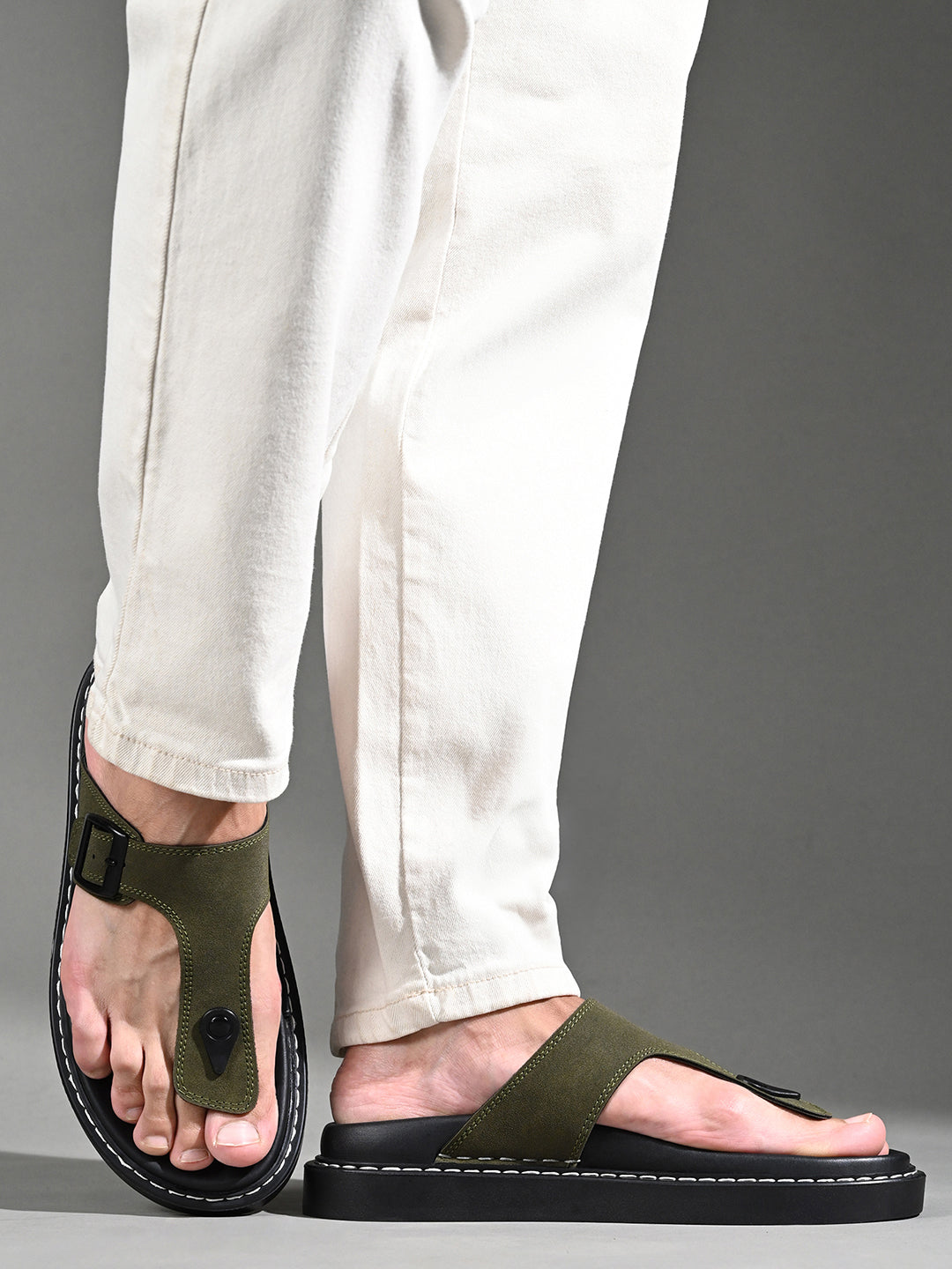 Olive Green Casual T-Strap Slip On Sandal with PU Cushion Sole