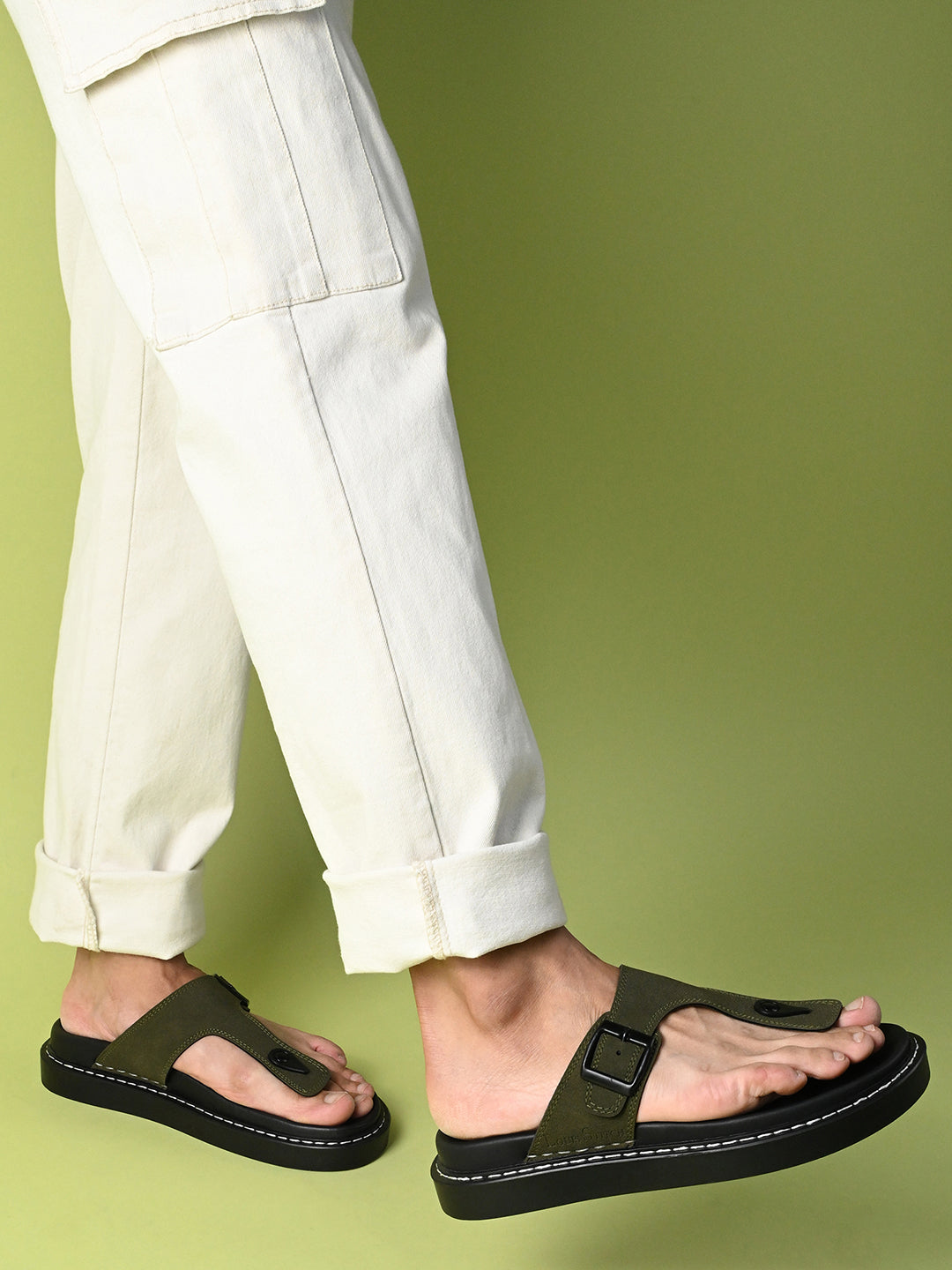 Olive Green Casual T-Strap Slip On Sandal with PU Cushion Sole