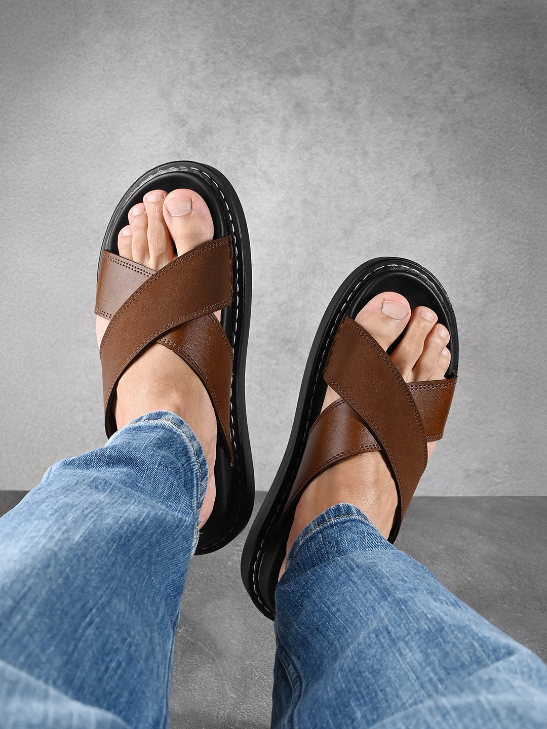 Tan Casual Cross Strap Slip On Sandal with PU Cushion Sole